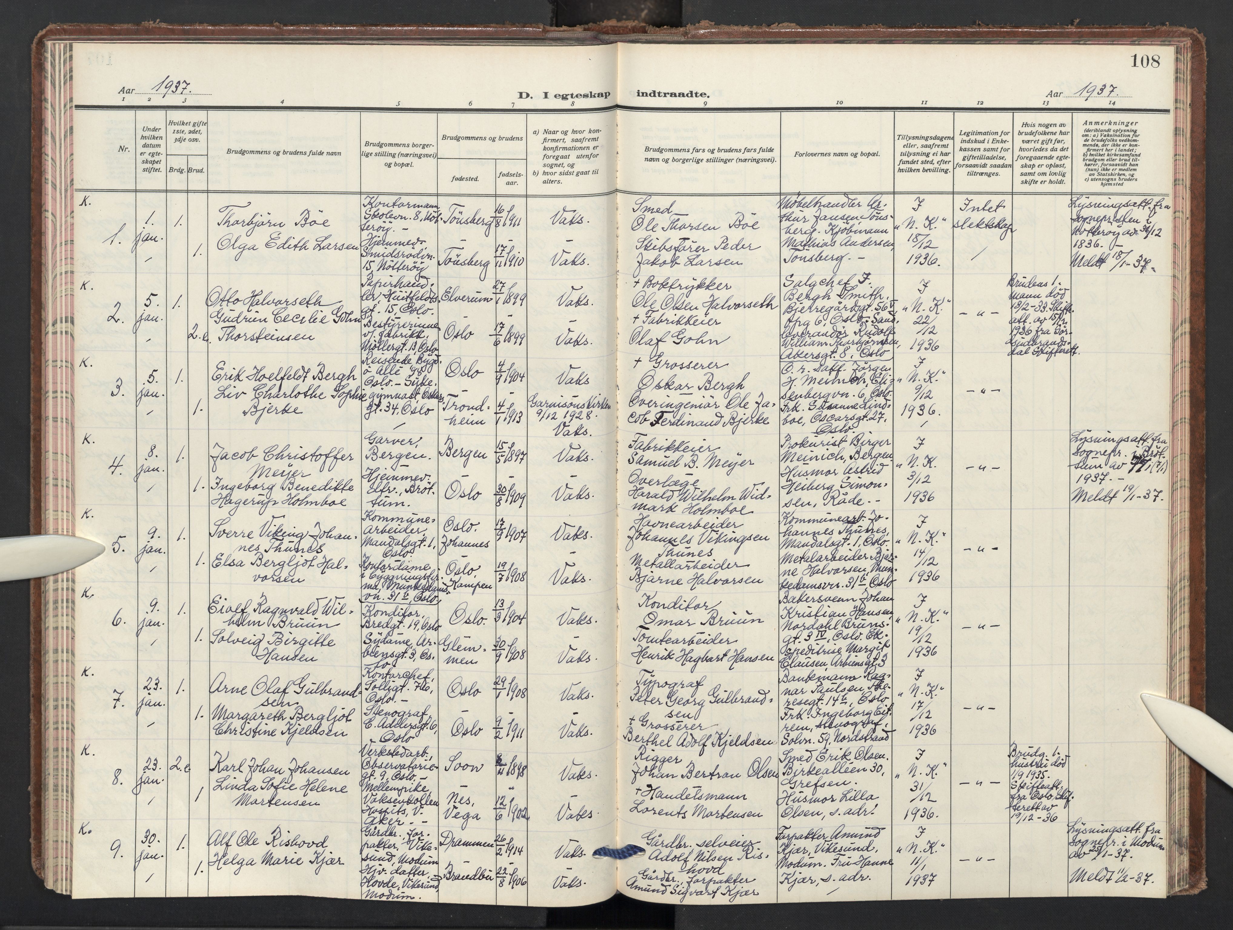 Oslo domkirke Kirkebøker, AV/SAO-A-10752/F/Fa/L0042: Parish register (official) no. 42, 1932-1937, p. 108