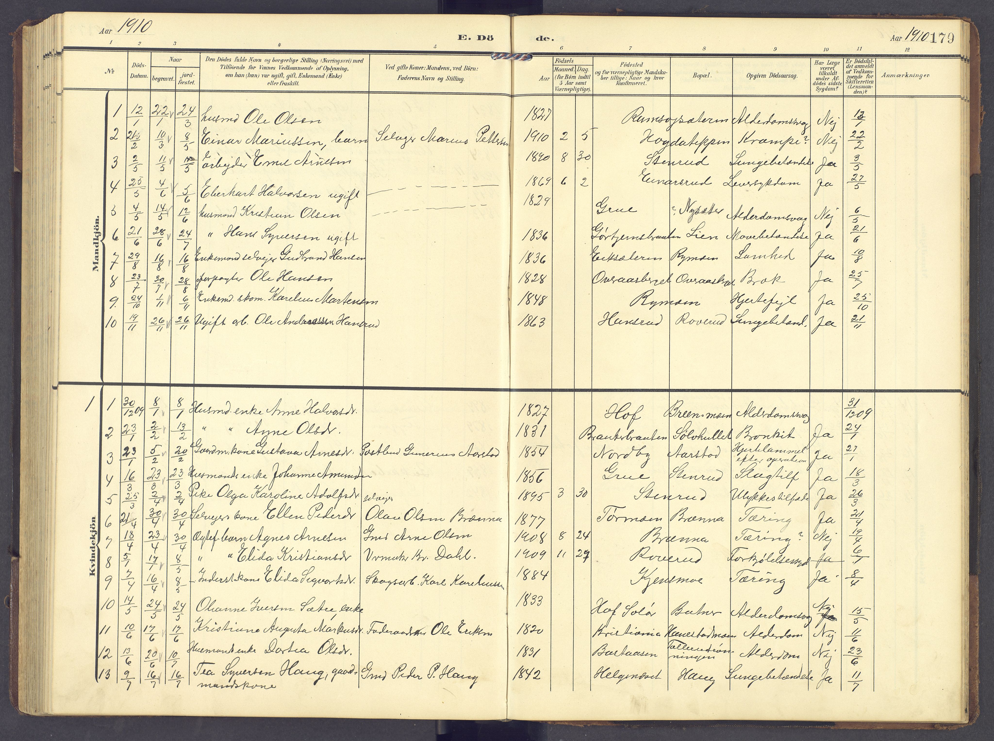 Brandval prestekontor, AV/SAH-PREST-034/H/Ha/Hab/L0003: Parish register (copy) no. 3, 1904-1917, p. 179