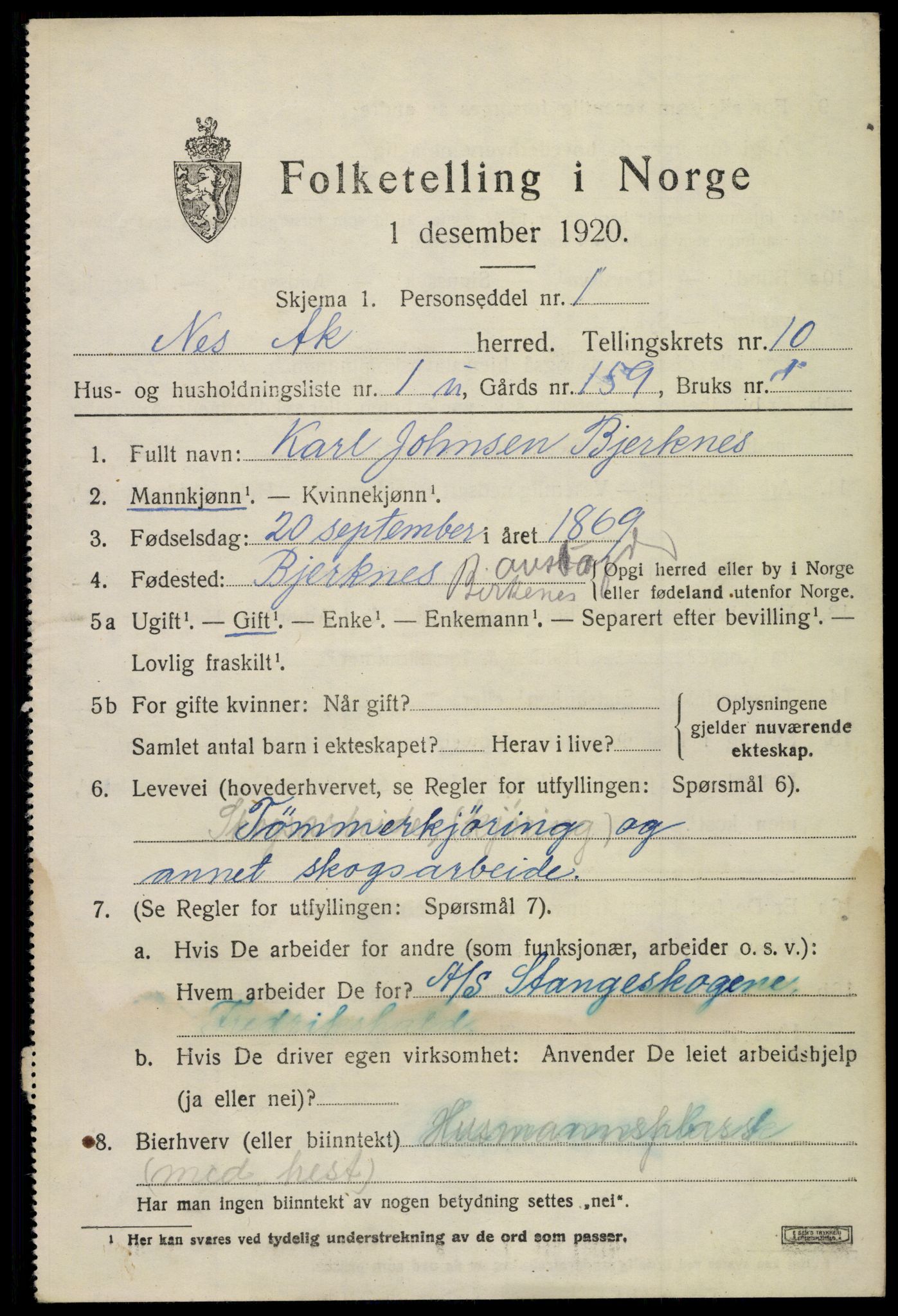 SAO, 1920 census for Nes, 1920, p. 10984