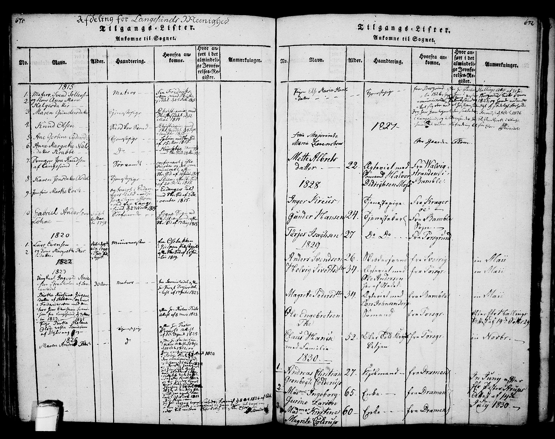 Bamble kirkebøker, SAKO/A-253/F/Fa/L0003: Parish register (official) no. I 3 /2, 1815-1834, p. 671-672