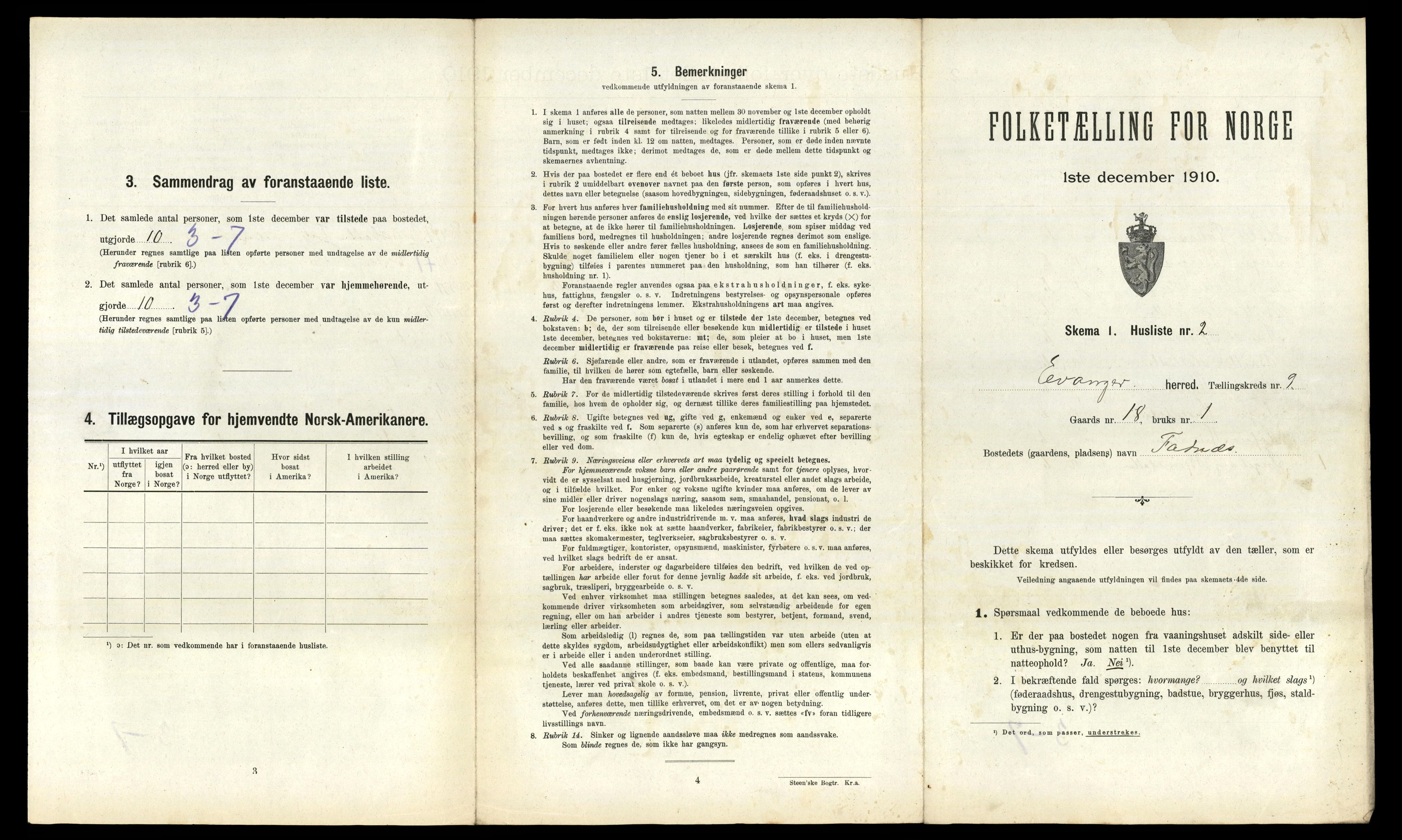 RA, 1910 census for Evanger, 1910, p. 387