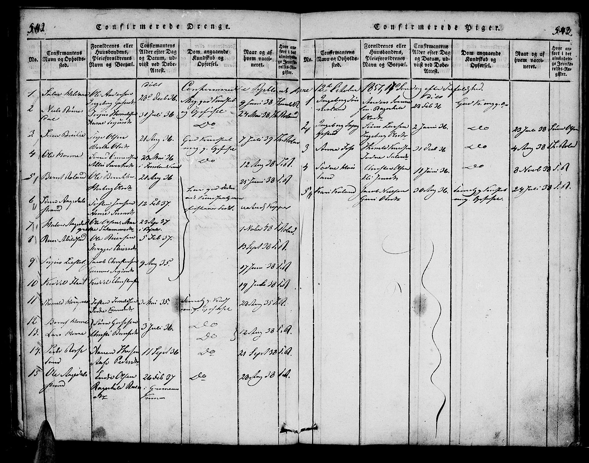 Bjelland sokneprestkontor, SAK/1111-0005/F/Fa/Faa/L0002: Parish register (official) no. A 2, 1816-1866, p. 542-543