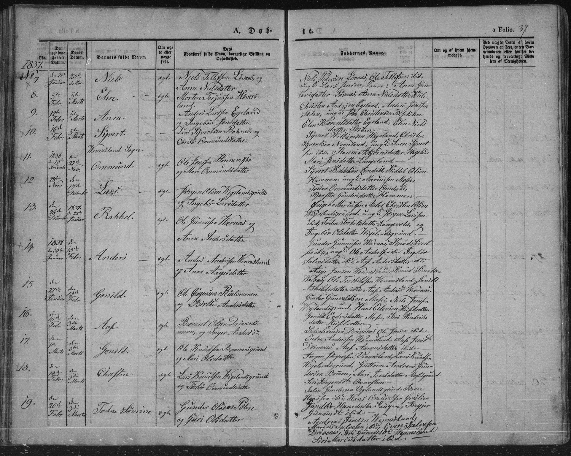 Vennesla sokneprestkontor, AV/SAK-1111-0045/Fa/Fac/L0004: Parish register (official) no. A 4, 1834-1855, p. 37