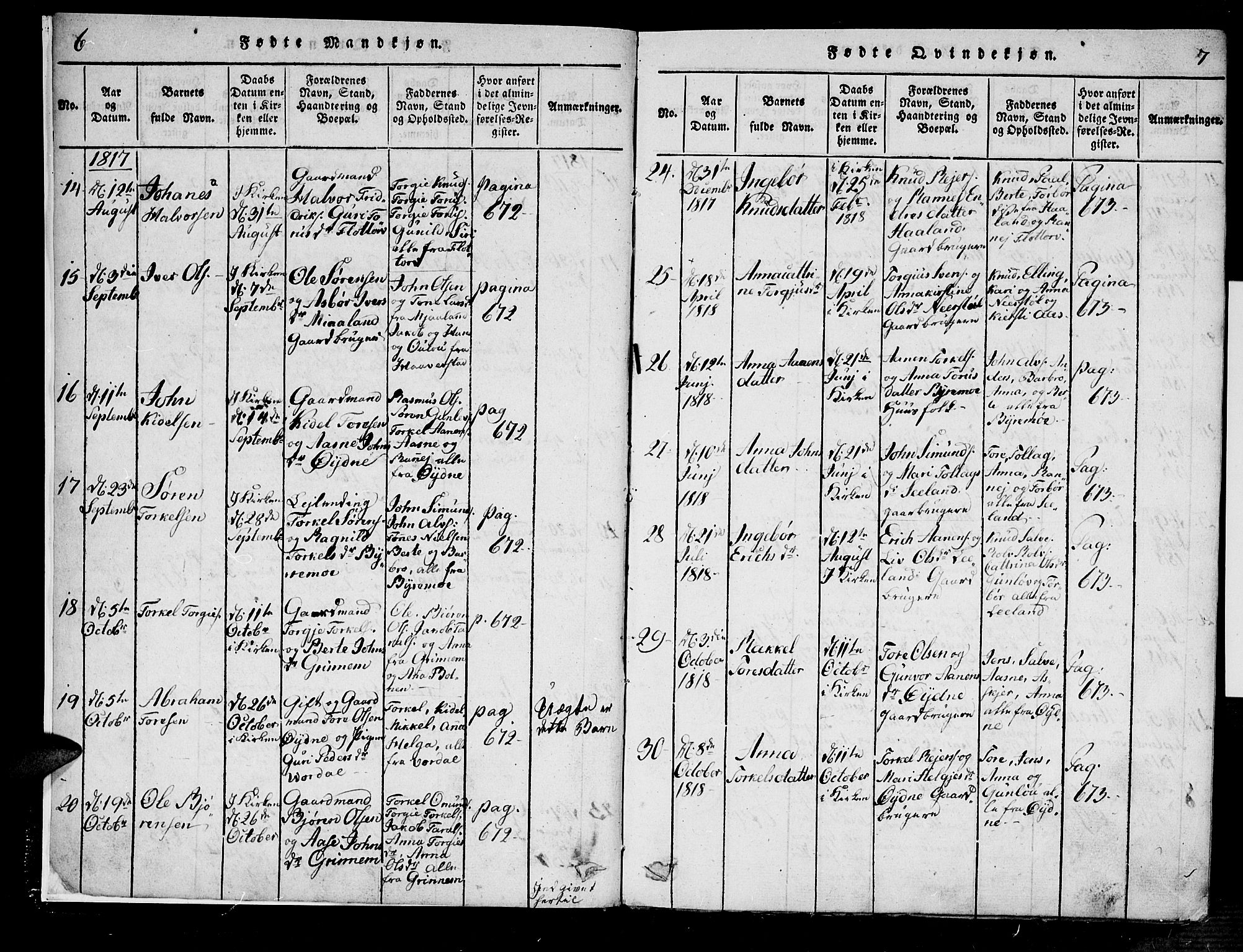 Bjelland sokneprestkontor, SAK/1111-0005/F/Fa/Fac/L0001: Parish register (official) no. A 1, 1815-1866, p. 6-7