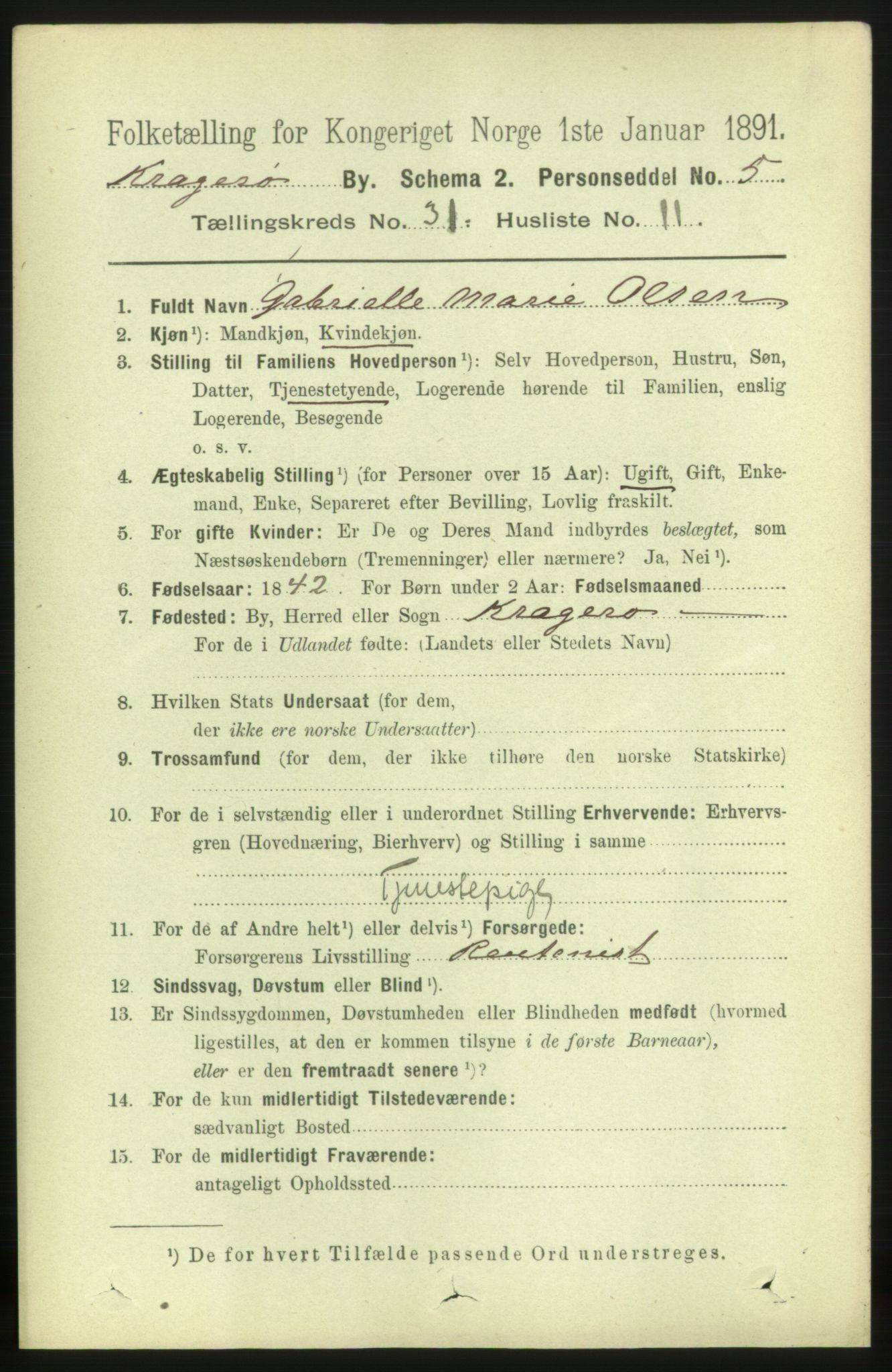 RA, 1891 census for 0801 Kragerø, 1891, p. 5783