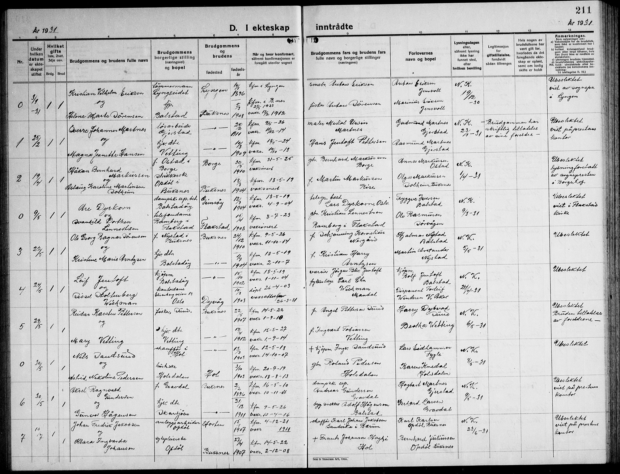 Ministerialprotokoller, klokkerbøker og fødselsregistre - Nordland, AV/SAT-A-1459/881/L1170: Parish register (copy) no. 881C07, 1930-1943, p. 211