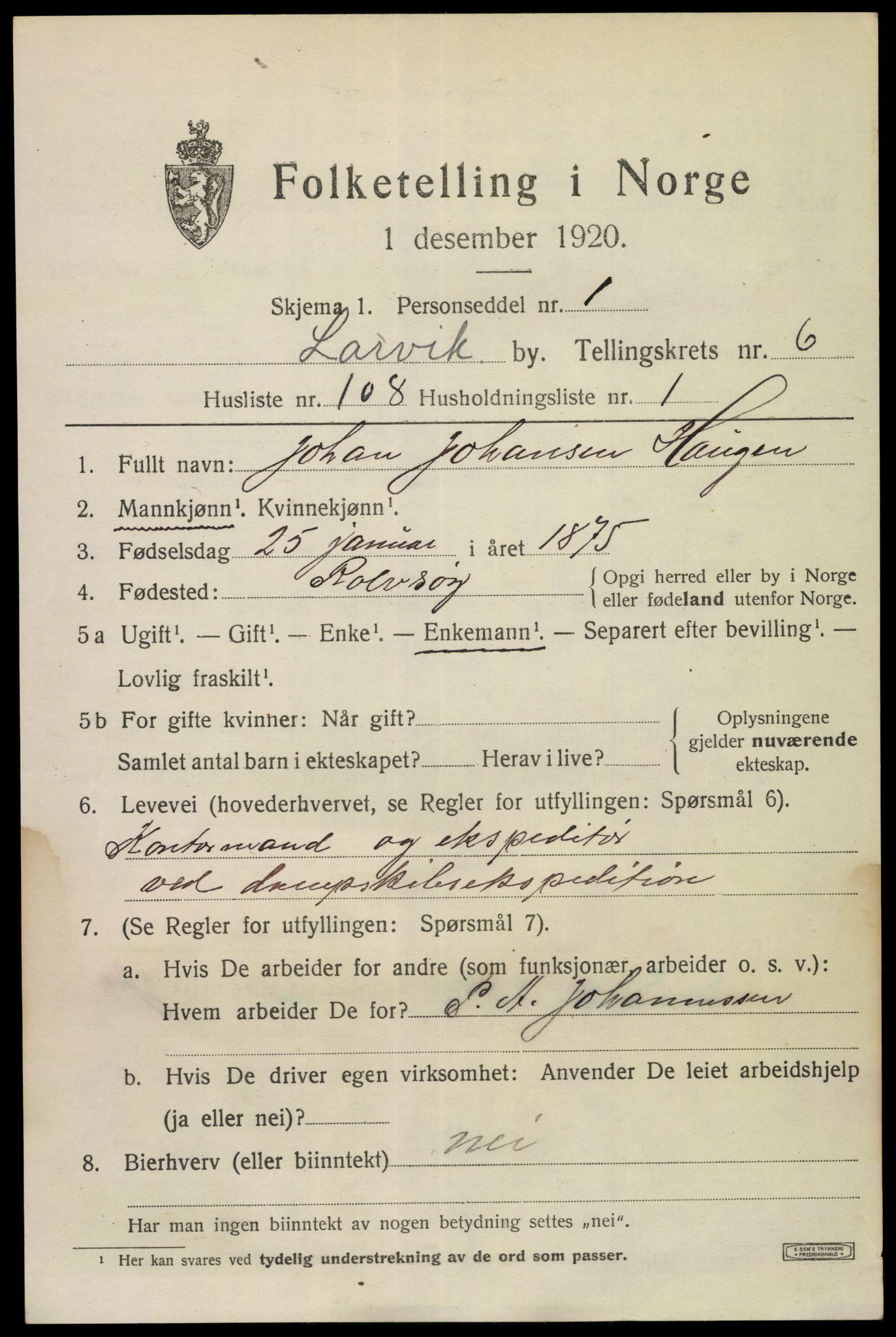 SAKO, 1920 census for Larvik, 1920, p. 19730