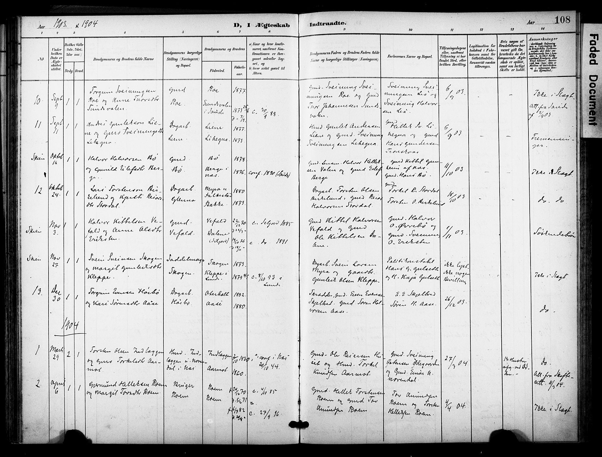 Bø kirkebøker, AV/SAKO-A-257/F/Fa/L0012: Parish register (official) no. 12, 1900-1908, p. 108