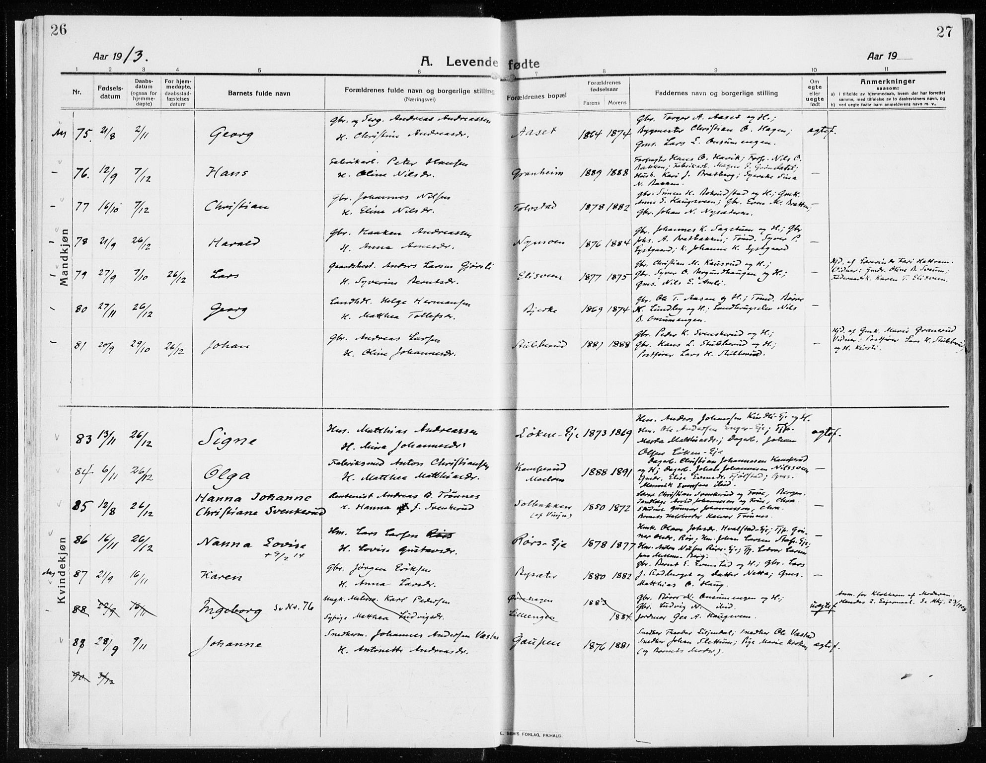 Ringsaker prestekontor, AV/SAH-PREST-014/K/Ka/L0020: Parish register (official) no. 20, 1913-1922, p. 26-27