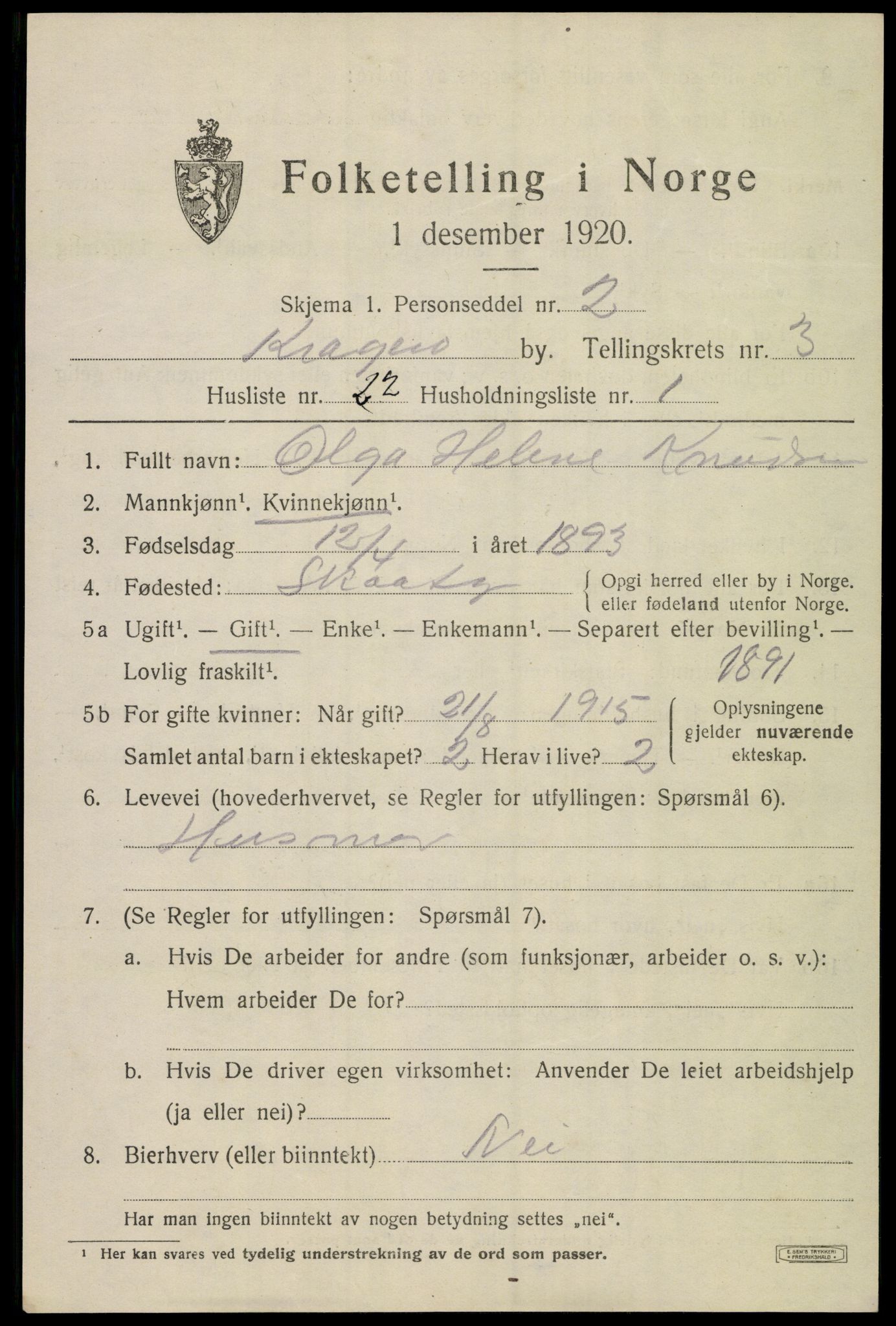 SAKO, 1920 census for Kragerø, 1920, p. 7303