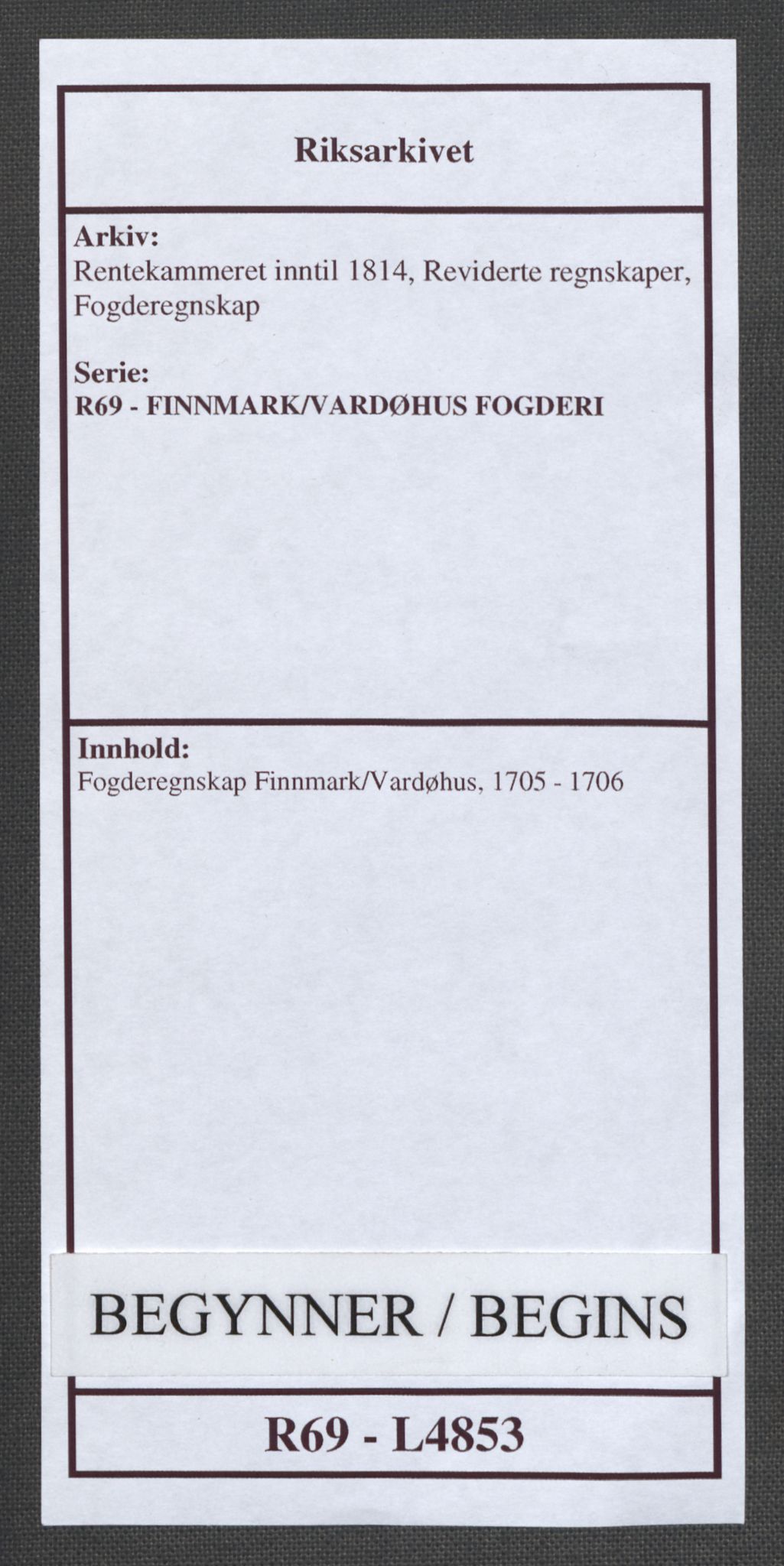 Rentekammeret inntil 1814, Reviderte regnskaper, Fogderegnskap, RA/EA-4092/R69/L4853: Fogderegnskap Finnmark/Vardøhus, 1705-1706, p. 1