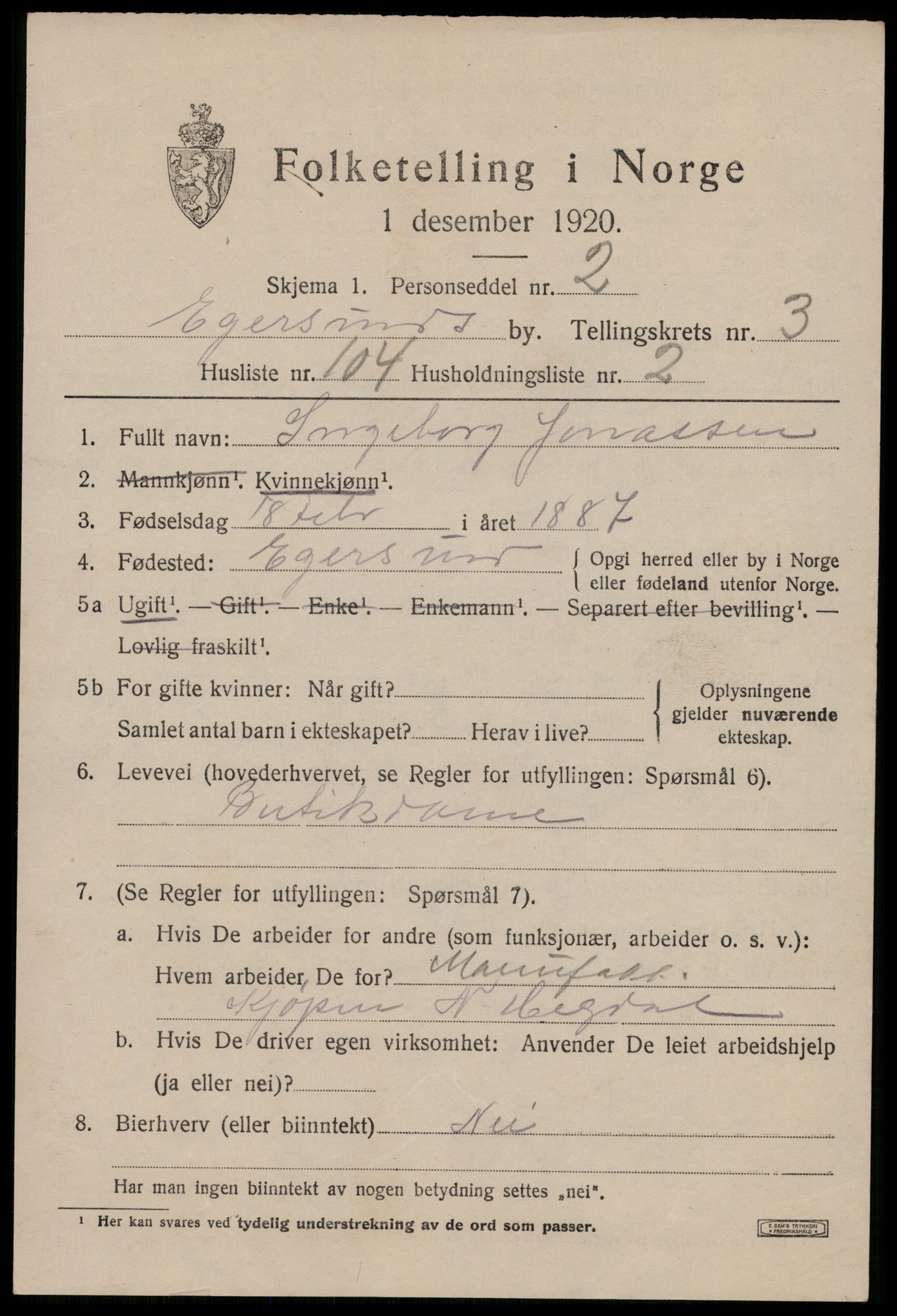 SAST, 1920 census for Egersund town, 1920, p. 6330