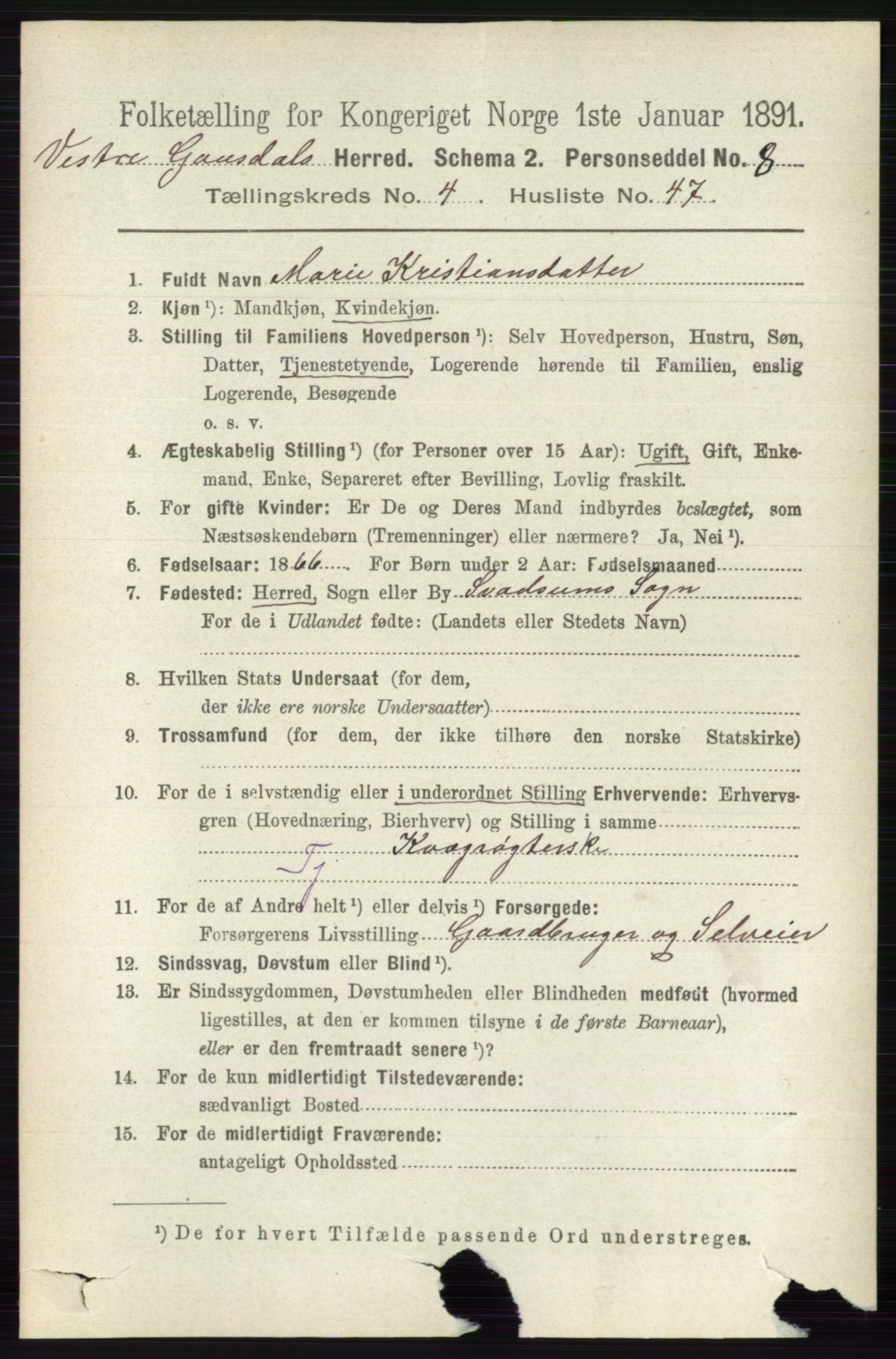 RA, 1891 census for 0523 Vestre Gausdal, 1891, p. 1974