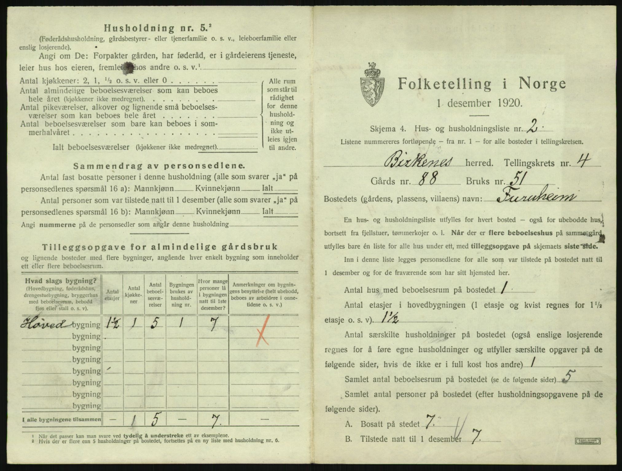 SAK, 1920 census for Birkenes, 1920, p. 249