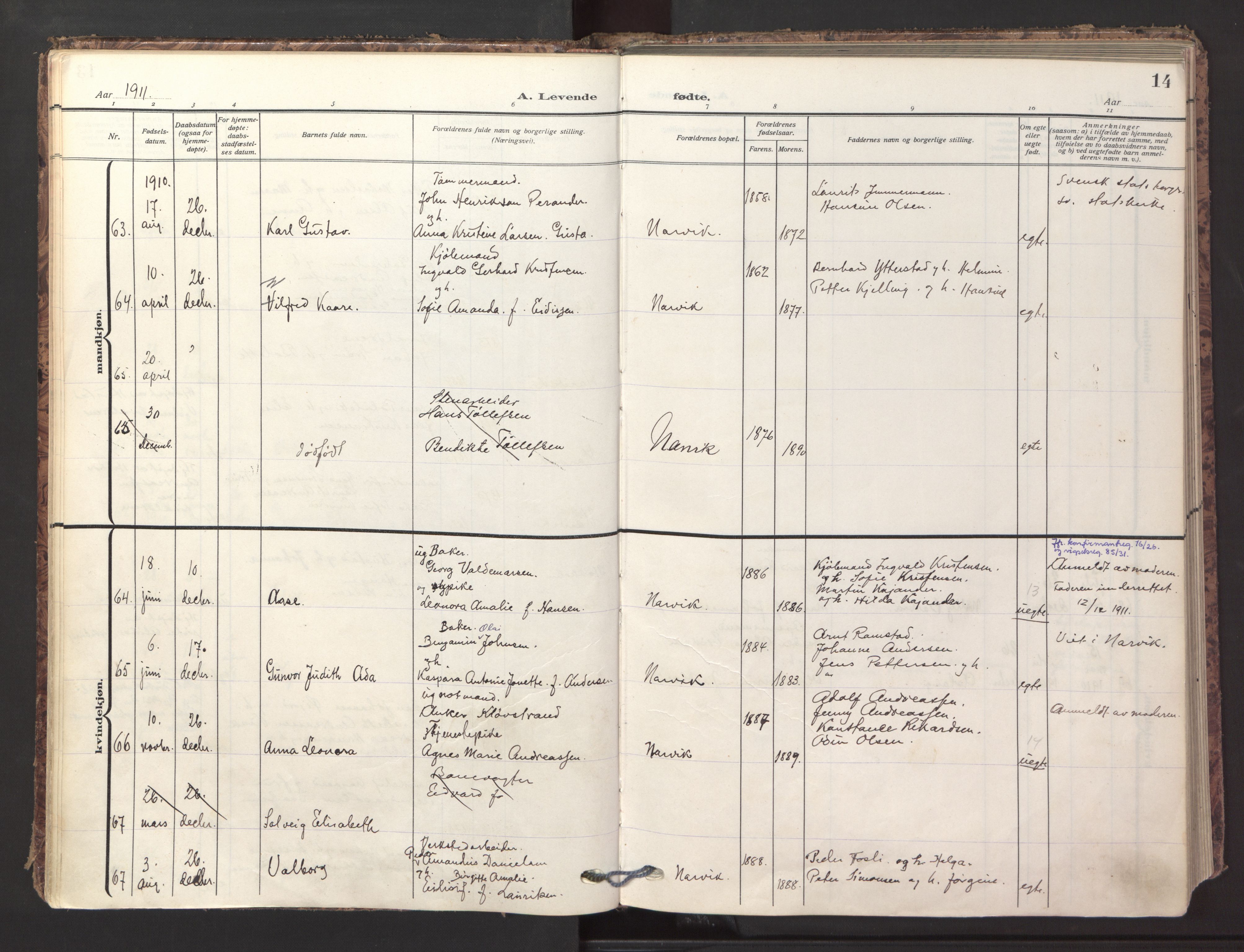 Ministerialprotokoller, klokkerbøker og fødselsregistre - Nordland, AV/SAT-A-1459/871/L1001: Parish register (official) no. 871A17, 1911-1921, p. 14