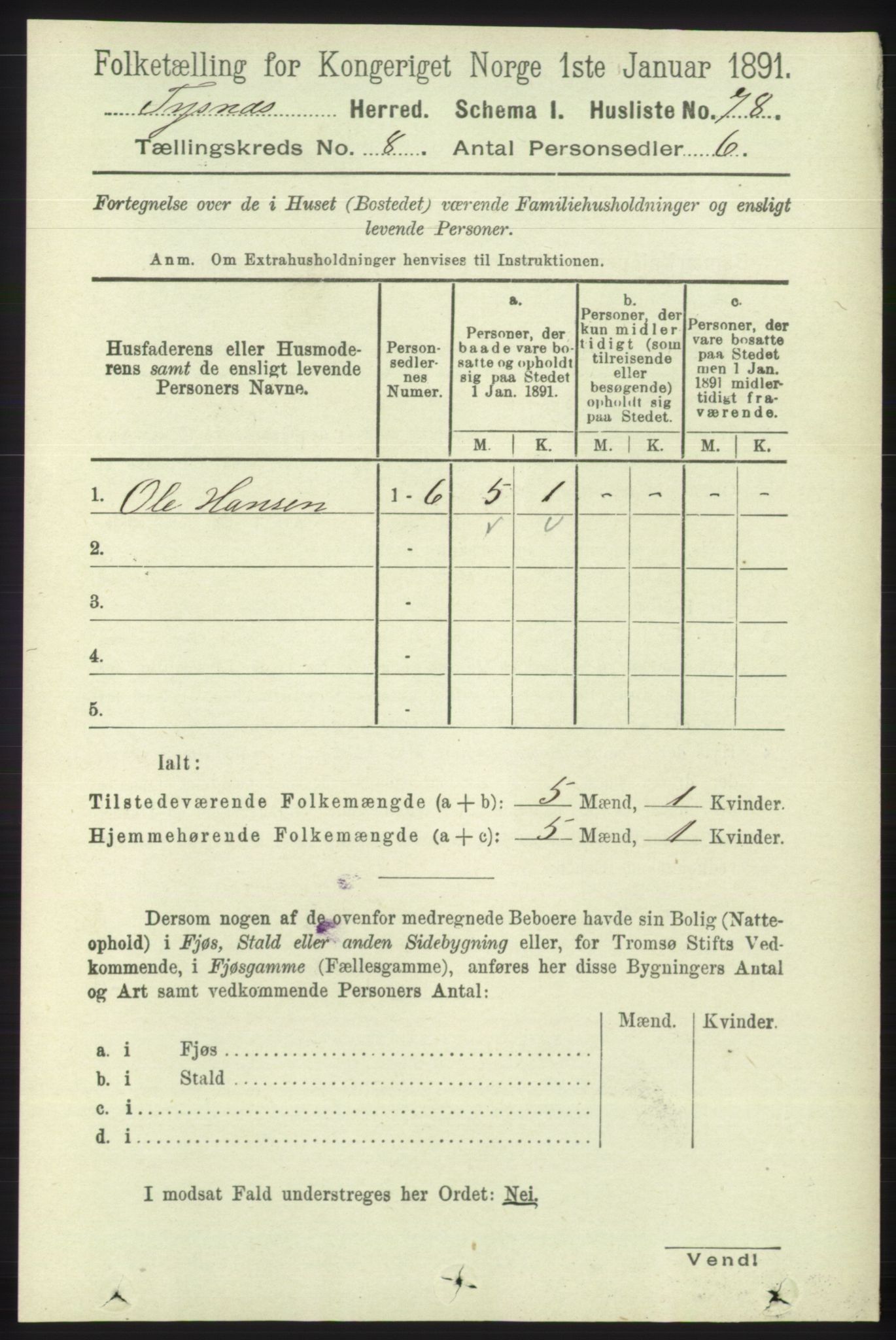 RA, 1891 census for 1223 Tysnes, 1891, p. 3655