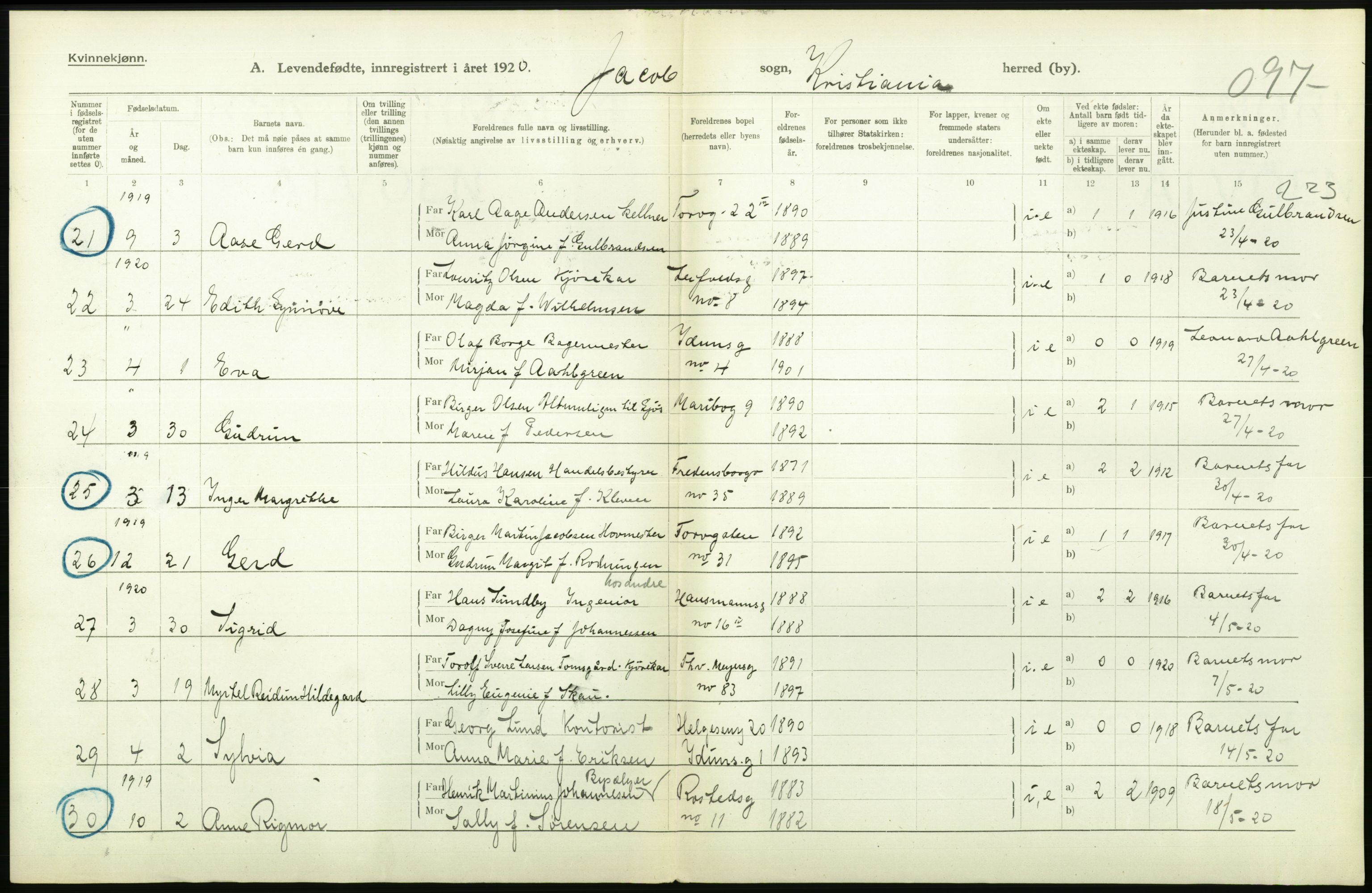 Statistisk sentralbyrå, Sosiodemografiske emner, Befolkning, AV/RA-S-2228/D/Df/Dfb/Dfbj/L0008: Kristiania: Levendefødte menn og kvinner., 1920, p. 514