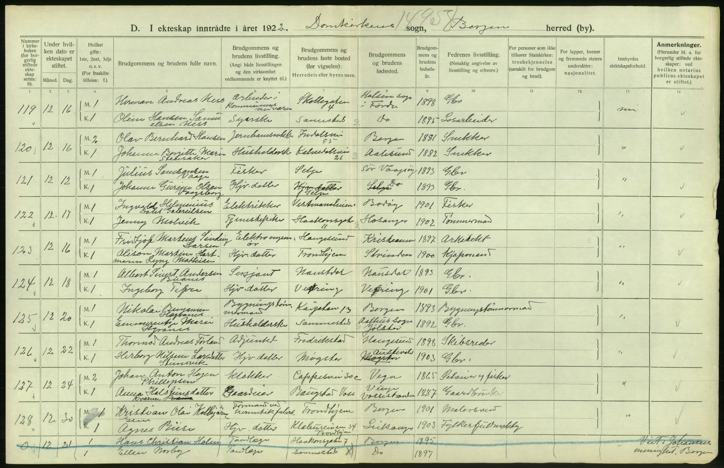 Statistisk sentralbyrå, Sosiodemografiske emner, Befolkning, AV/RA-S-2228/D/Df/Dfc/Dfcb/L0030: Bergen: Gifte, døde, dødfødte., 1922, p. 272