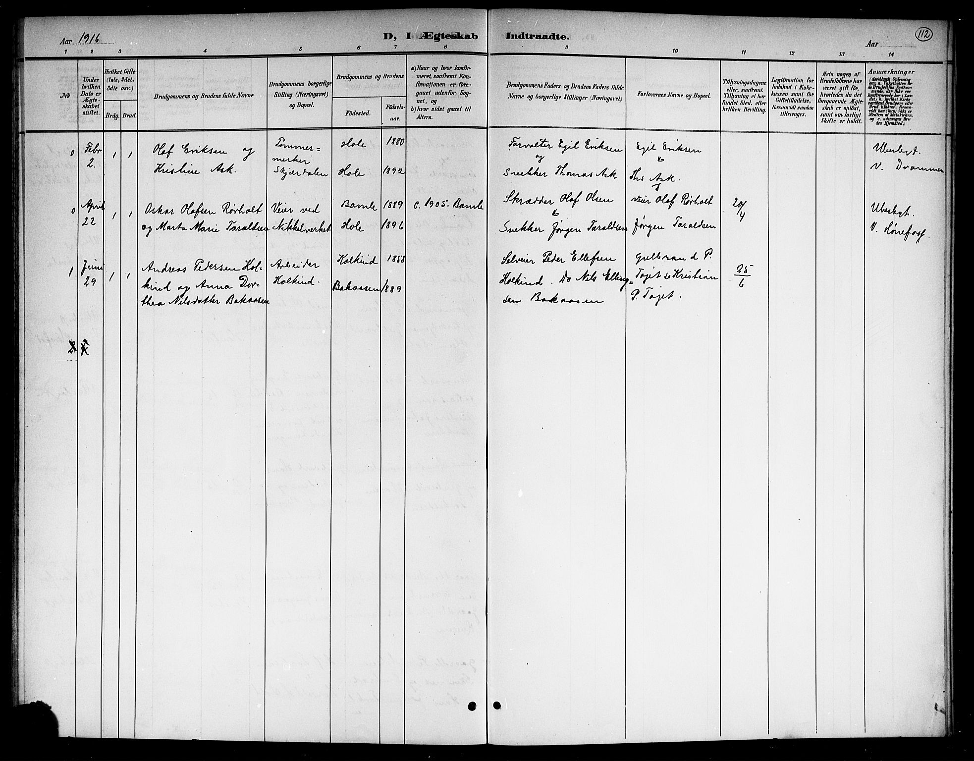 Hole kirkebøker, SAKO/A-228/G/Gb/L0004: Parish register (copy) no. II 4, 1901-1916, p. 112