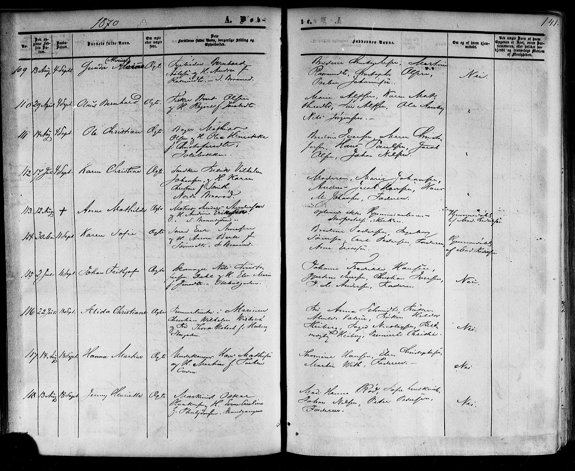 Horten kirkebøker, AV/SAKO-A-348/F/Fa/L0001: Parish register (official) no. 1, 1855-1871, p. 141