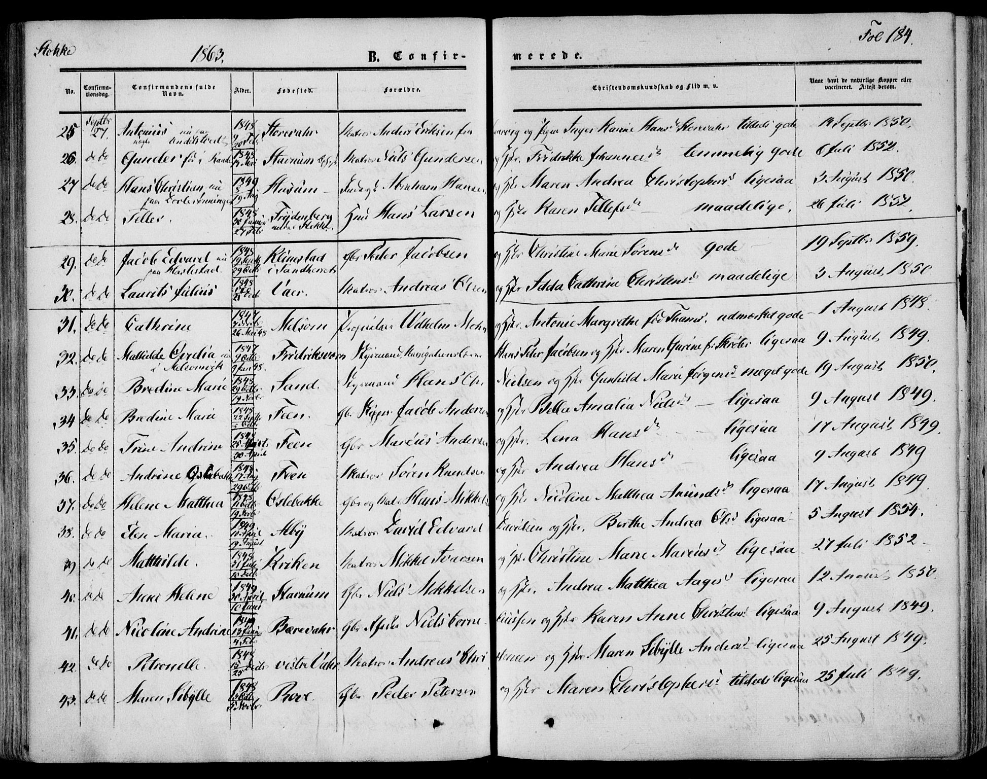 Stokke kirkebøker, AV/SAKO-A-320/F/Fa/L0008: Parish register (official) no. I 8, 1858-1871, p. 184