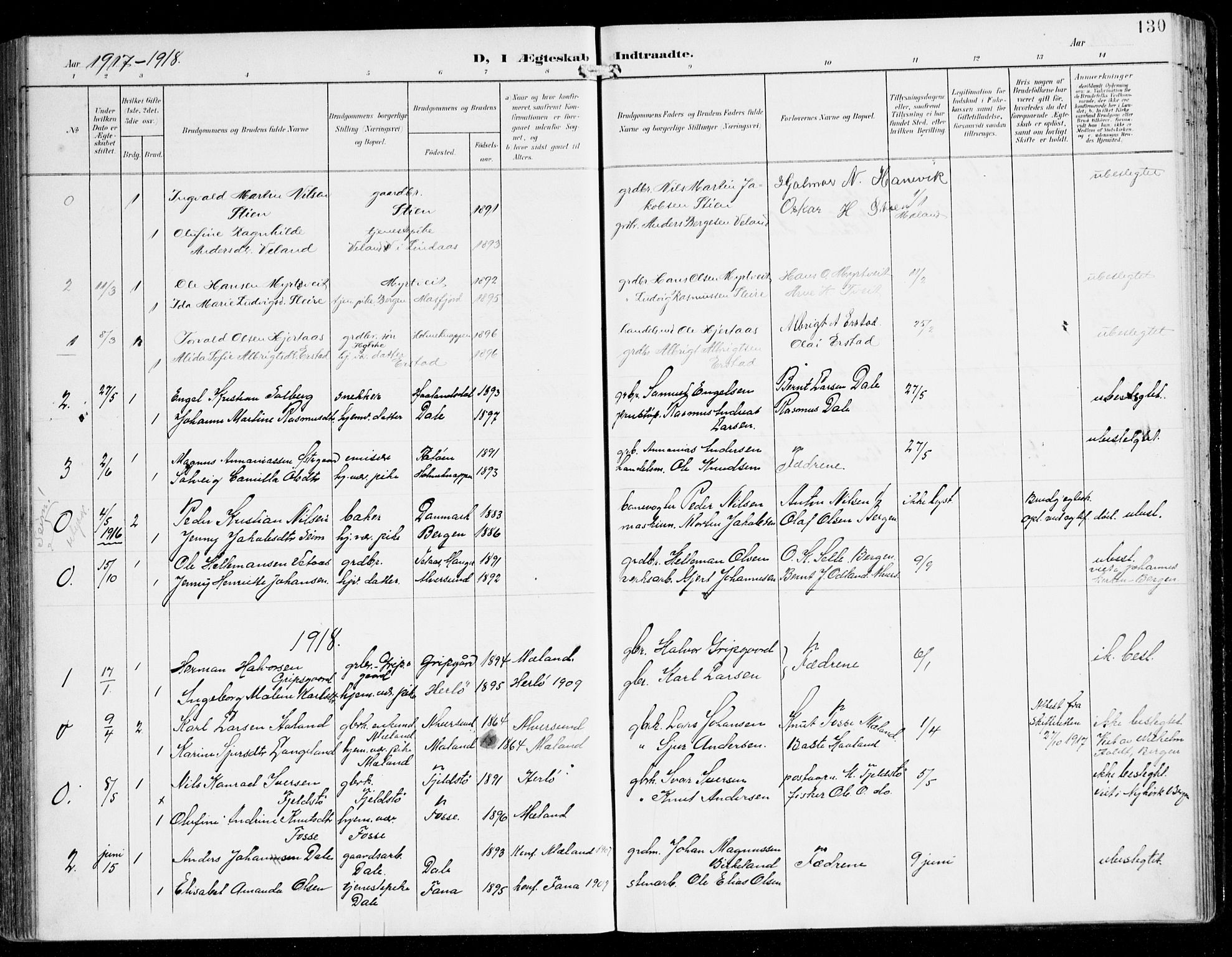 Alversund Sokneprestembete, SAB/A-73901/H/Ha/Haa/Haac/L0002: Parish register (official) no. C 2, 1901-1921, p. 130