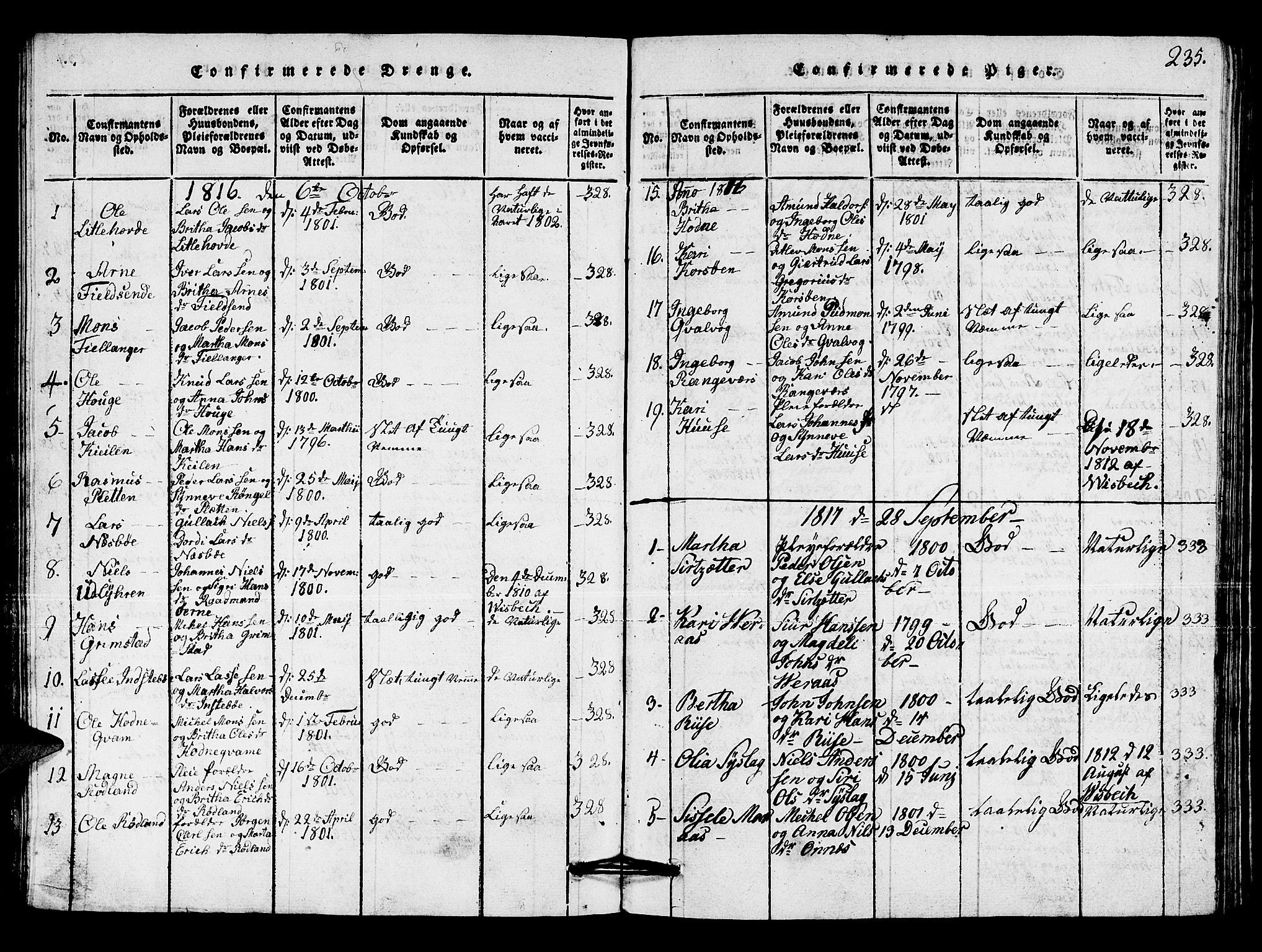 Lindås Sokneprestembete, SAB/A-76701/H/Hab: Parish register (copy) no. A 1, 1816-1823, p. 235