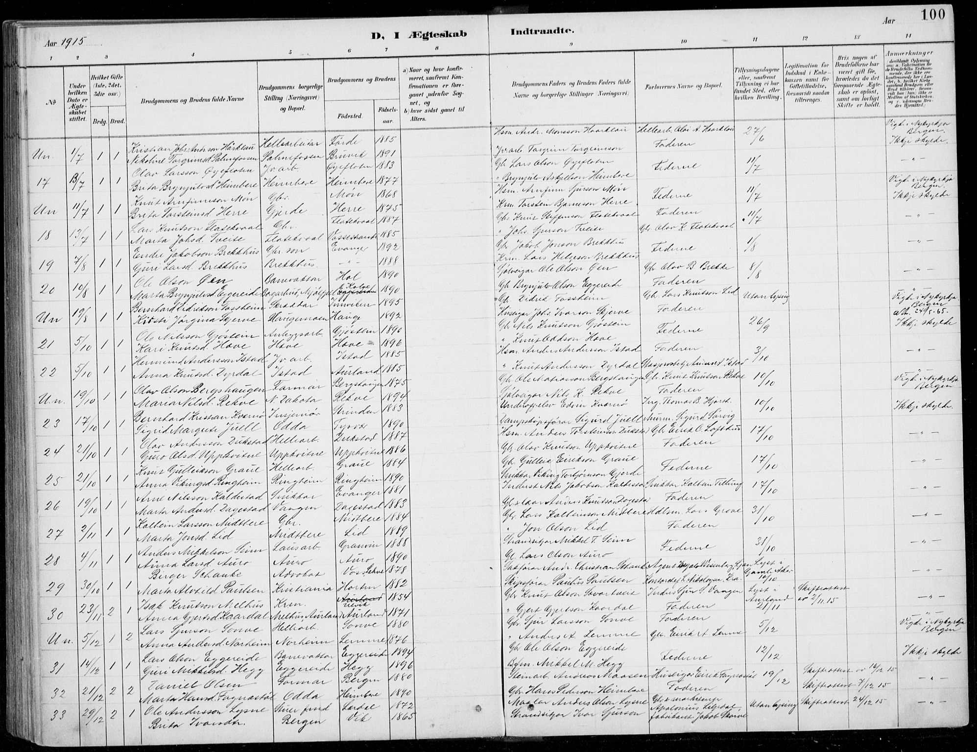 Voss sokneprestembete, SAB/A-79001/H/Haa: Parish register (official) no. C  1, 1887-1915, p. 100