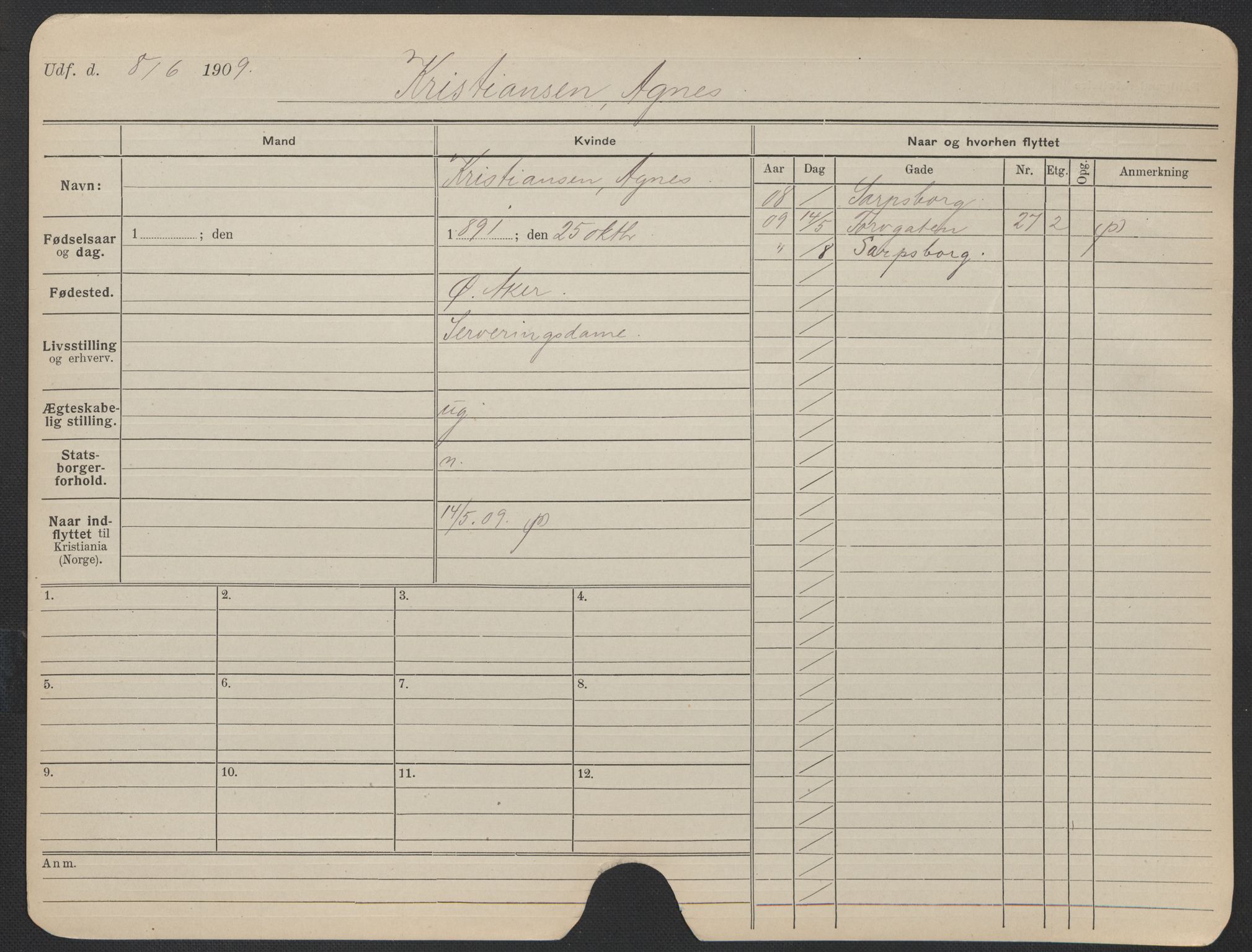 Oslo folkeregister, Registerkort, AV/SAO-A-11715/F/Fa/Fac/L0019: Kvinner, 1906-1914, p. 204a