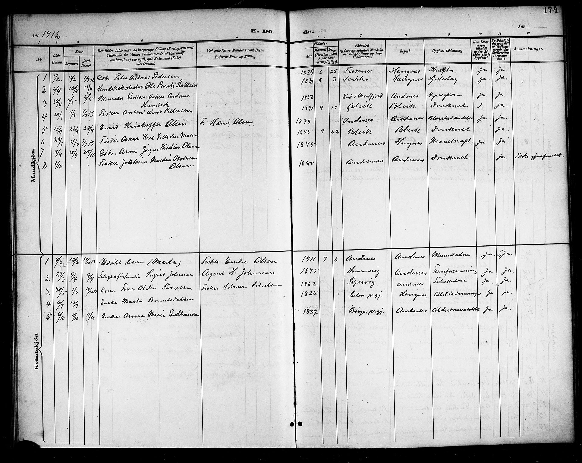 Ministerialprotokoller, klokkerbøker og fødselsregistre - Nordland, SAT/A-1459/899/L1449: Parish register (copy) no. 899C04, 1900-1918, p. 174