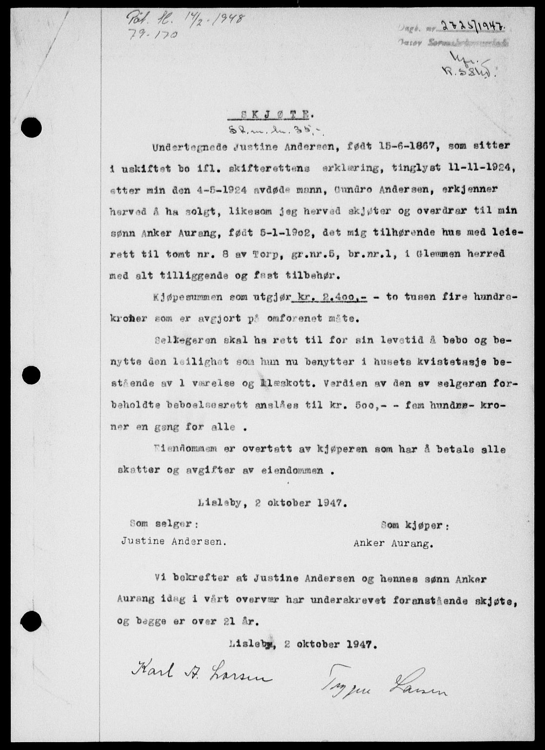 Onsøy sorenskriveri, SAO/A-10474/G/Ga/Gab/L0021: Mortgage book no. II A-21, 1947-1947, Diary no: : 2725/1947