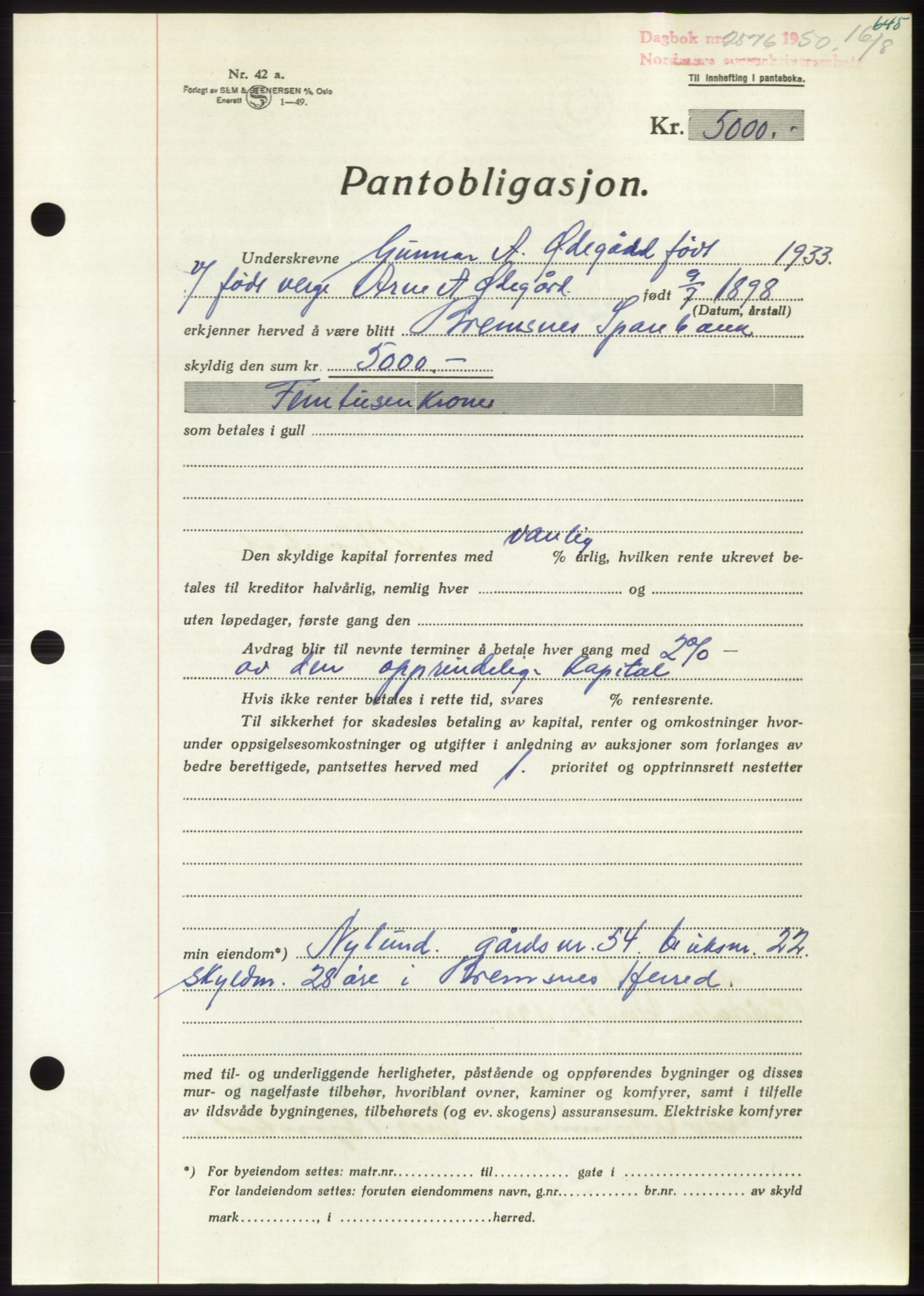 Nordmøre sorenskriveri, AV/SAT-A-4132/1/2/2Ca: Mortgage book no. B105, 1950-1950, Diary no: : 2576/1950