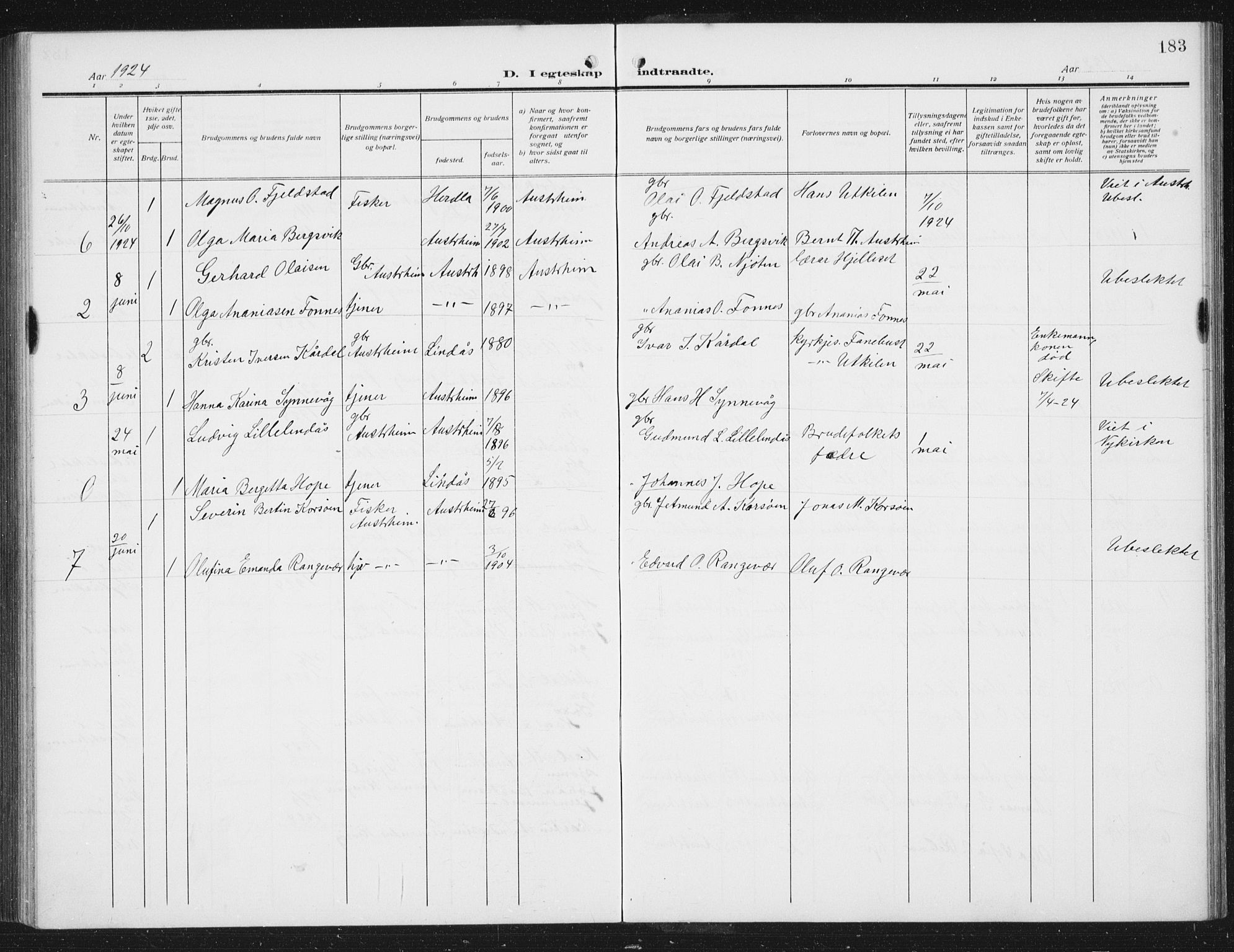 Lindås Sokneprestembete, AV/SAB-A-76701/H/Hab/Habc/L0005: Parish register (copy) no. C 5, 1910-1927, p. 183