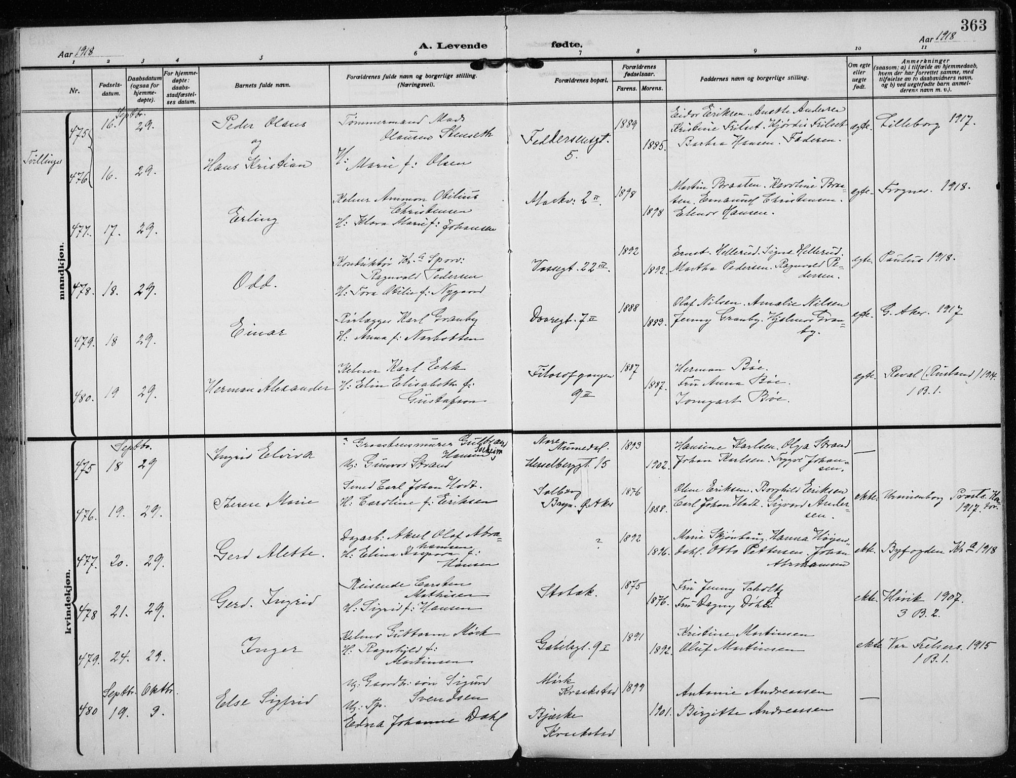 Rikshospitalet prestekontor Kirkebøker, SAO/A-10309b/F/L0016: Parish register (official) no. 16, 1916-1918, p. 363