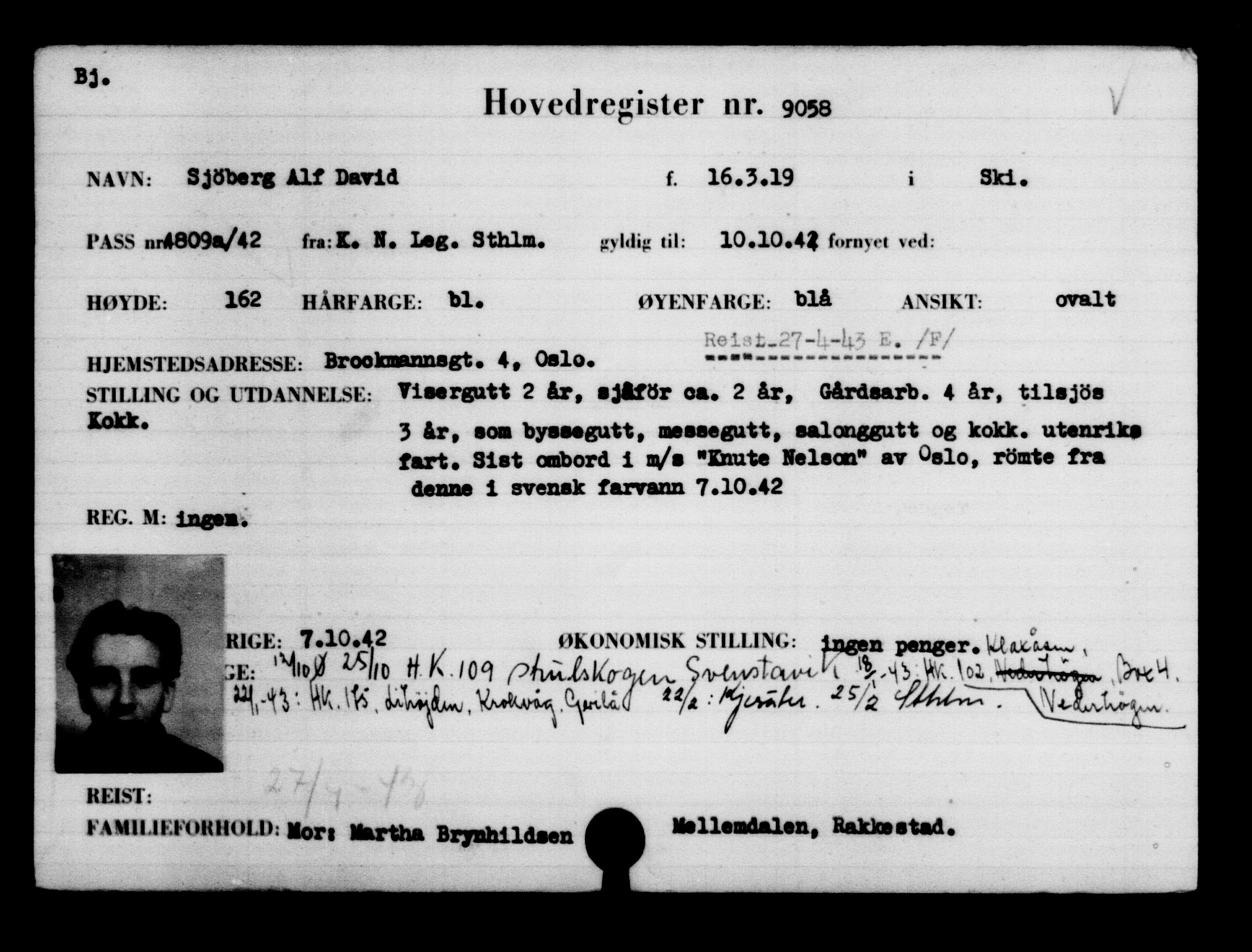 Utenriksstasjonene, Legasjonen i Stockholm, Flyktningkontoret, AV/RA-S-6753/V/Va/L0005: Kjesäterkartoteket, flyktninger med registreringsnr. 6600-9417, 1940-1945, p. 2894