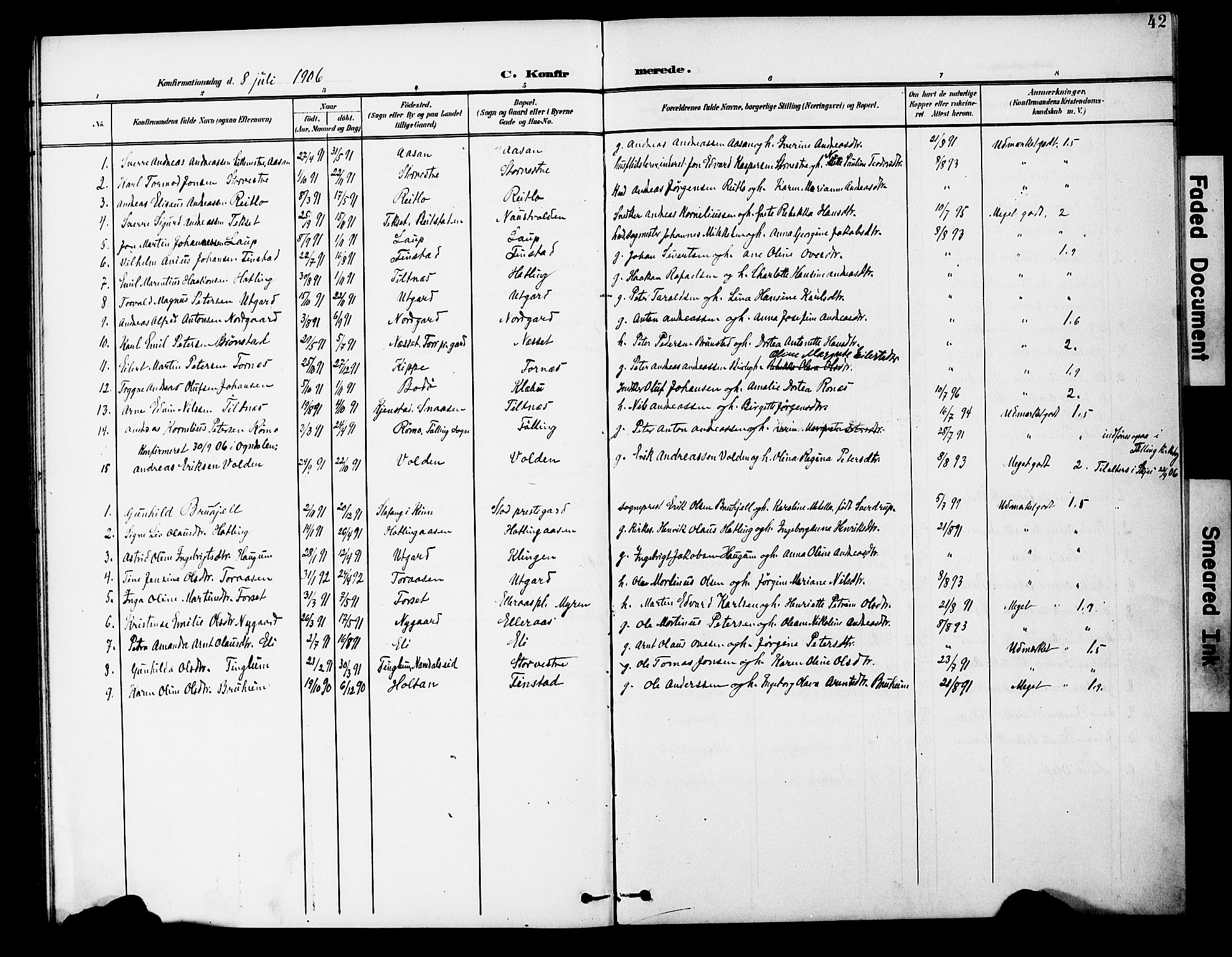 Ministerialprotokoller, klokkerbøker og fødselsregistre - Nord-Trøndelag, AV/SAT-A-1458/746/L0452: Parish register (official) no. 746A09, 1900-1908, p. 42