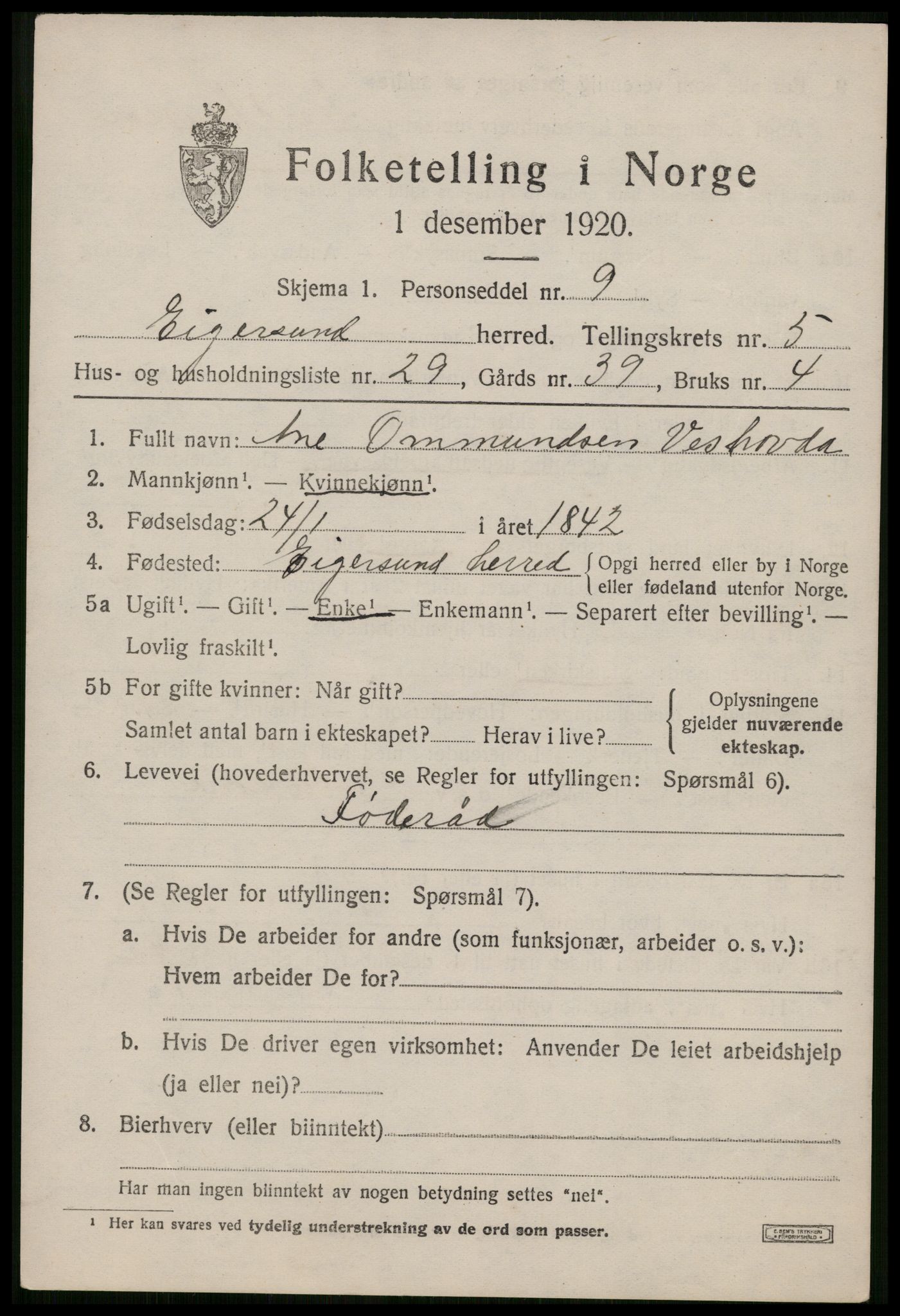 SAST, 1920 census for Eigersund, 1920, p. 3871