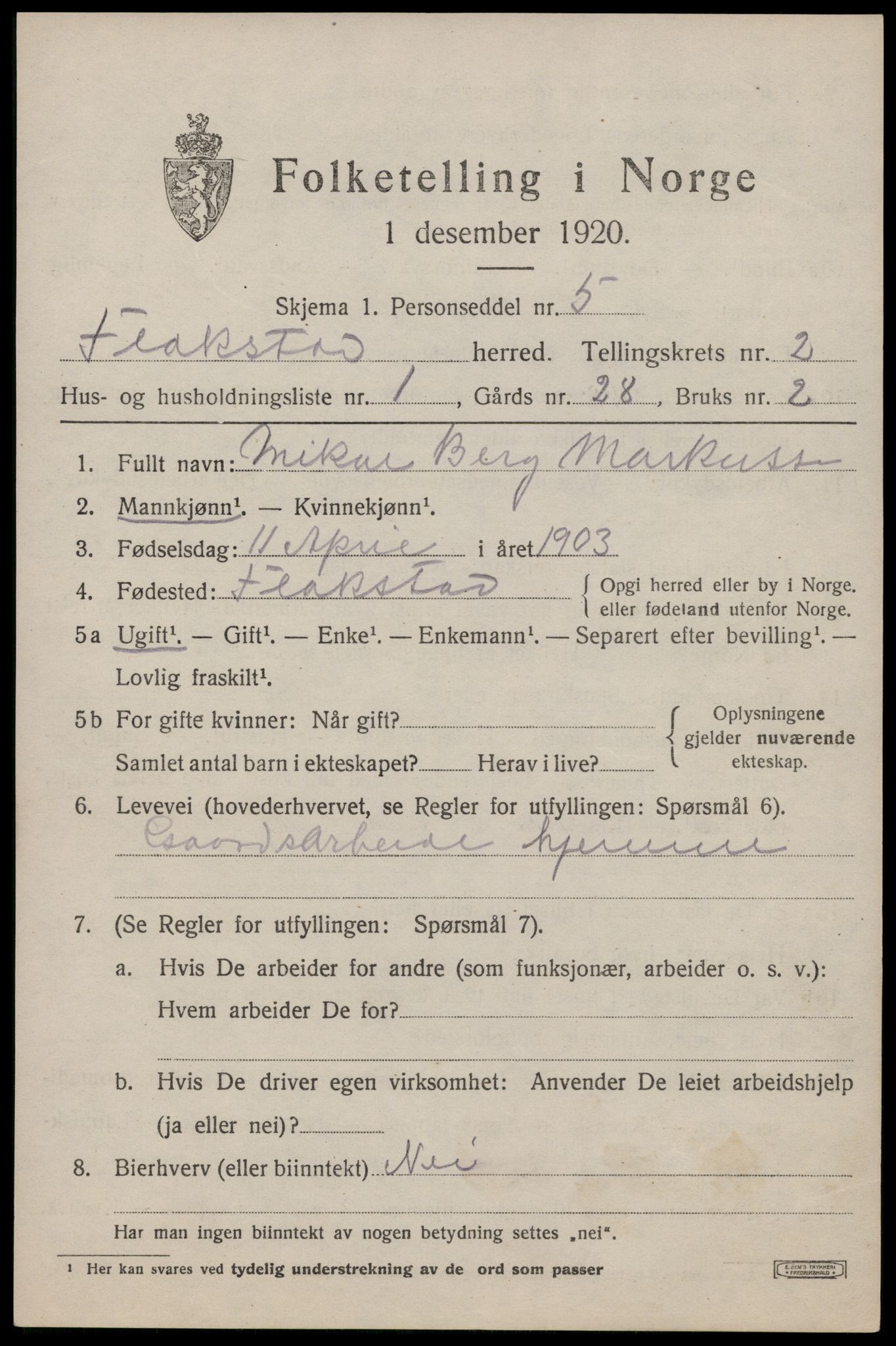 SAT, 1920 census for Flakstad, 1920, p. 1225