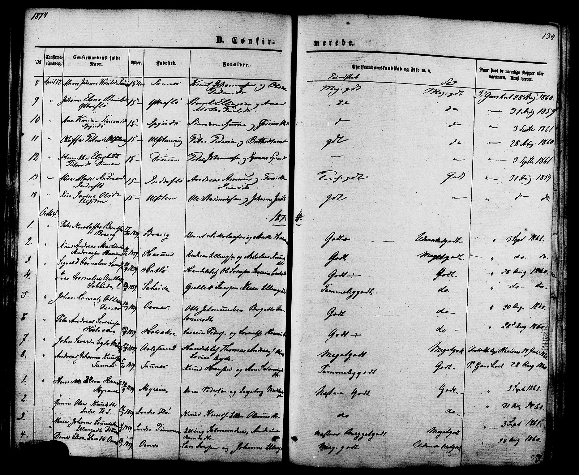 Ministerialprotokoller, klokkerbøker og fødselsregistre - Møre og Romsdal, AV/SAT-A-1454/509/L0105: Parish register (official) no. 509A03, 1848-1882, p. 134