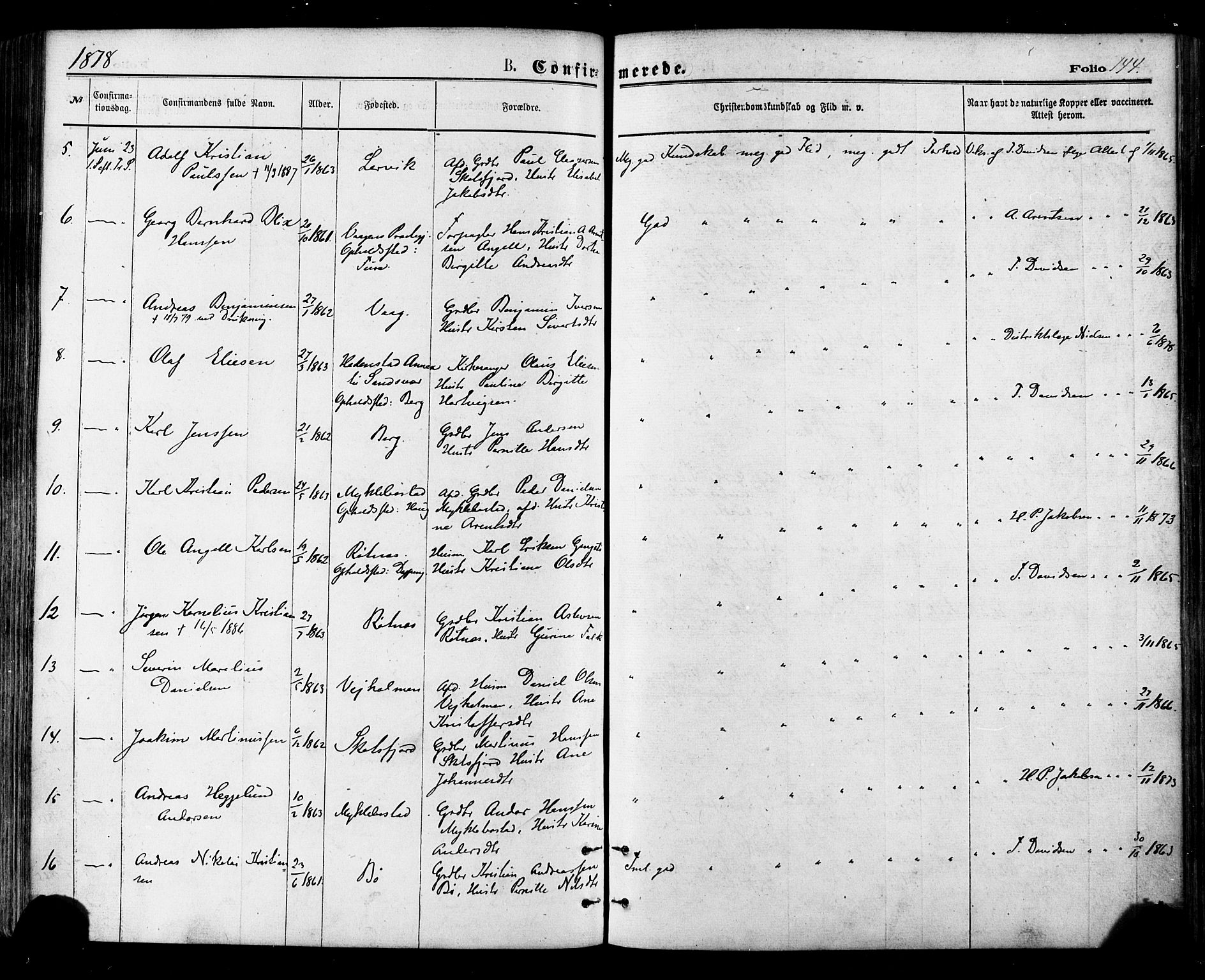 Ministerialprotokoller, klokkerbøker og fødselsregistre - Nordland, SAT/A-1459/855/L0802: Parish register (official) no. 855A10, 1875-1886, p. 144