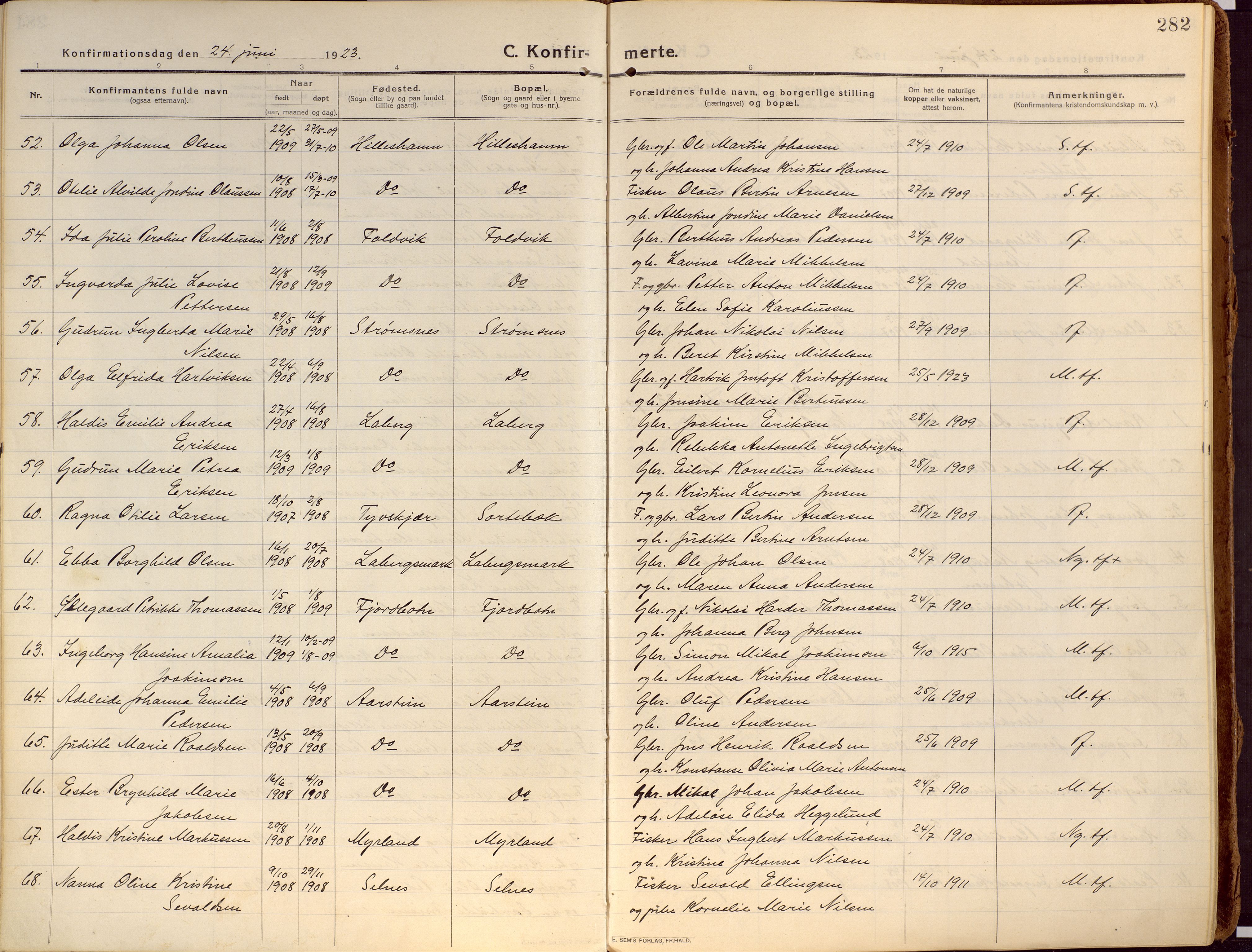 Ibestad sokneprestembete, AV/SATØ-S-0077/H/Ha/Haa/L0018kirke: Parish register (official) no. 18, 1915-1929, p. 282