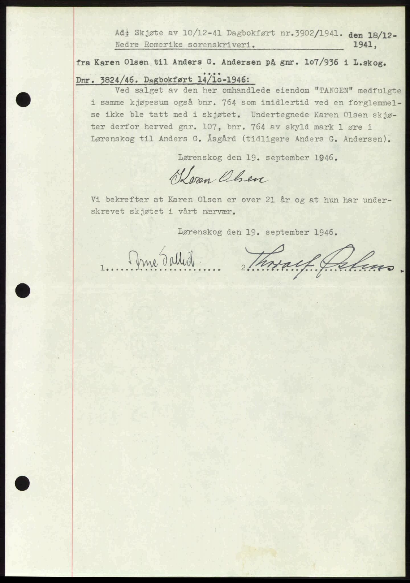 Nedre Romerike sorenskriveri, AV/SAO-A-10469/G/Gb/Gbd/L0017: Mortgage book no. 17, 1946-1946, Diary no: : 3824/1946