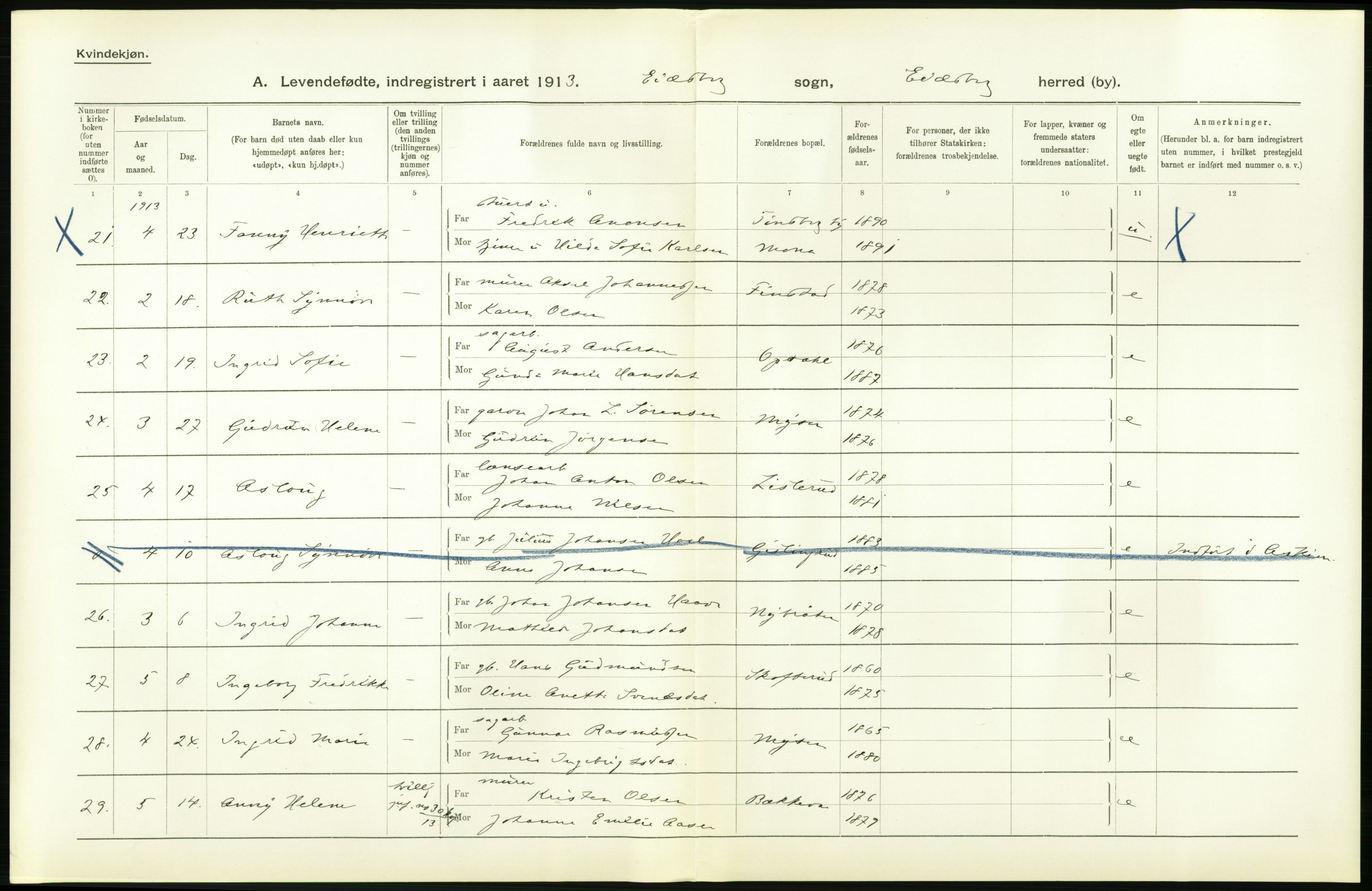 Statistisk sentralbyrå, Sosiodemografiske emner, Befolkning, AV/RA-S-2228/D/Df/Dfb/Dfbc/L0001: Smålenenes amt: Levendefødte menn og kvinner. Bygder., 1913, p. 38