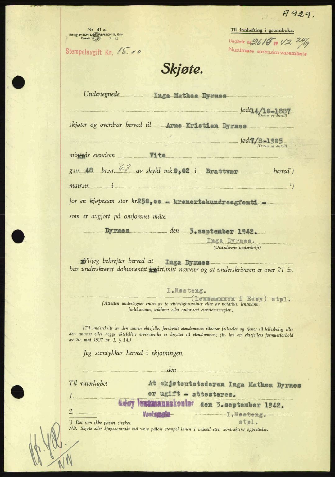 Nordmøre sorenskriveri, AV/SAT-A-4132/1/2/2Ca: Mortgage book no. A93, 1942-1942, Diary no: : 2615/1942