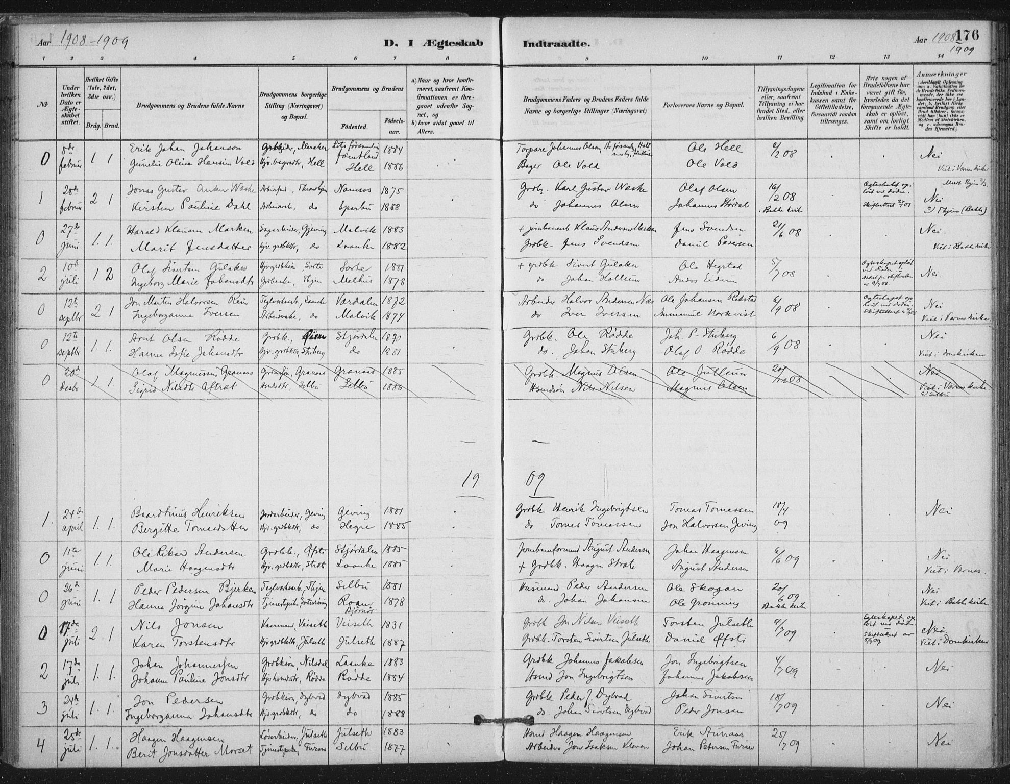 Ministerialprotokoller, klokkerbøker og fødselsregistre - Nord-Trøndelag, AV/SAT-A-1458/710/L0095: Parish register (official) no. 710A01, 1880-1914, p. 176