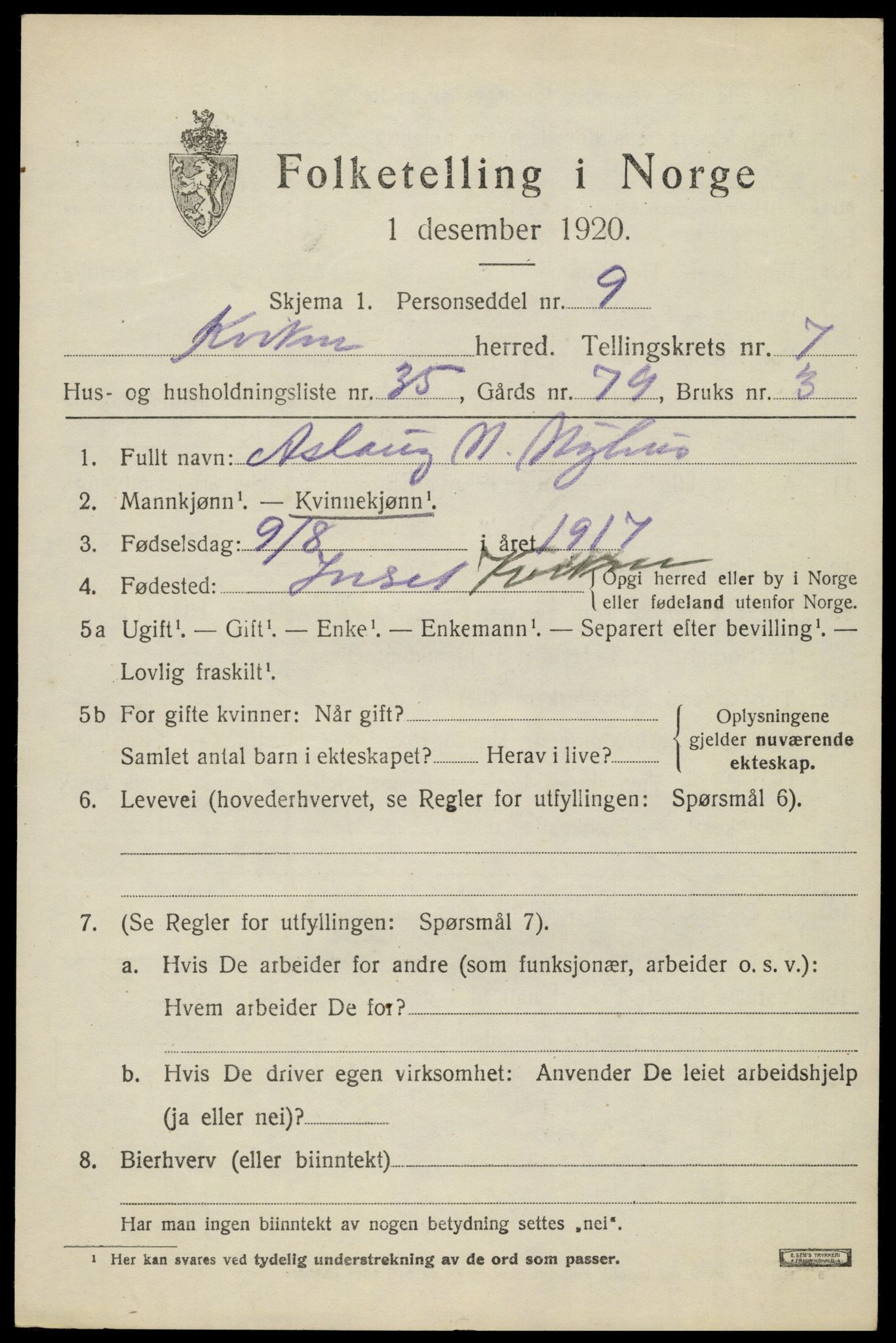 SAH, 1920 census for Kvikne, 1920, p. 3312