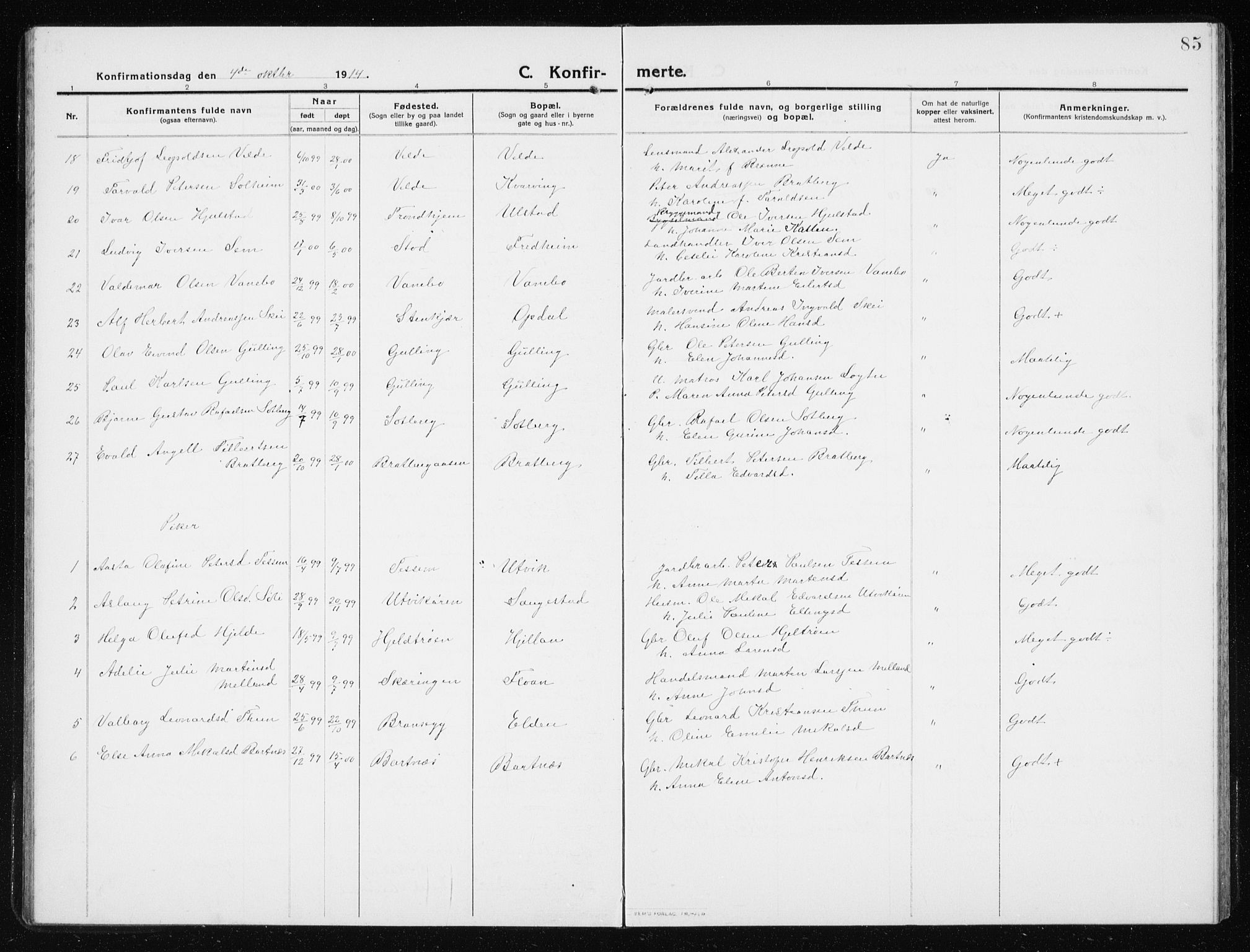 Ministerialprotokoller, klokkerbøker og fødselsregistre - Nord-Trøndelag, SAT/A-1458/741/L0402: Parish register (copy) no. 741C03, 1911-1926, p. 85