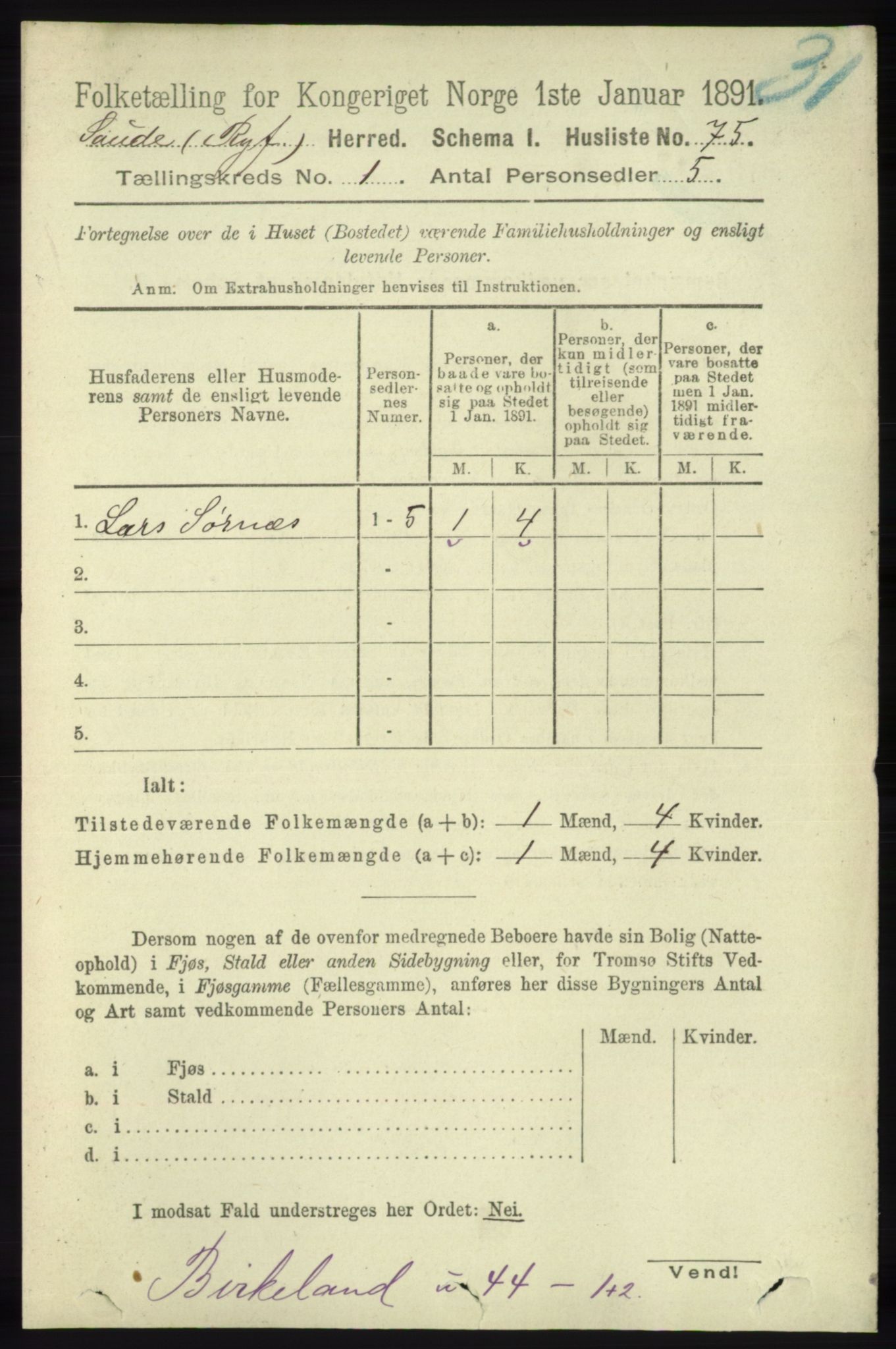 RA, 1891 census for 1135 Sauda, 1891, p. 94