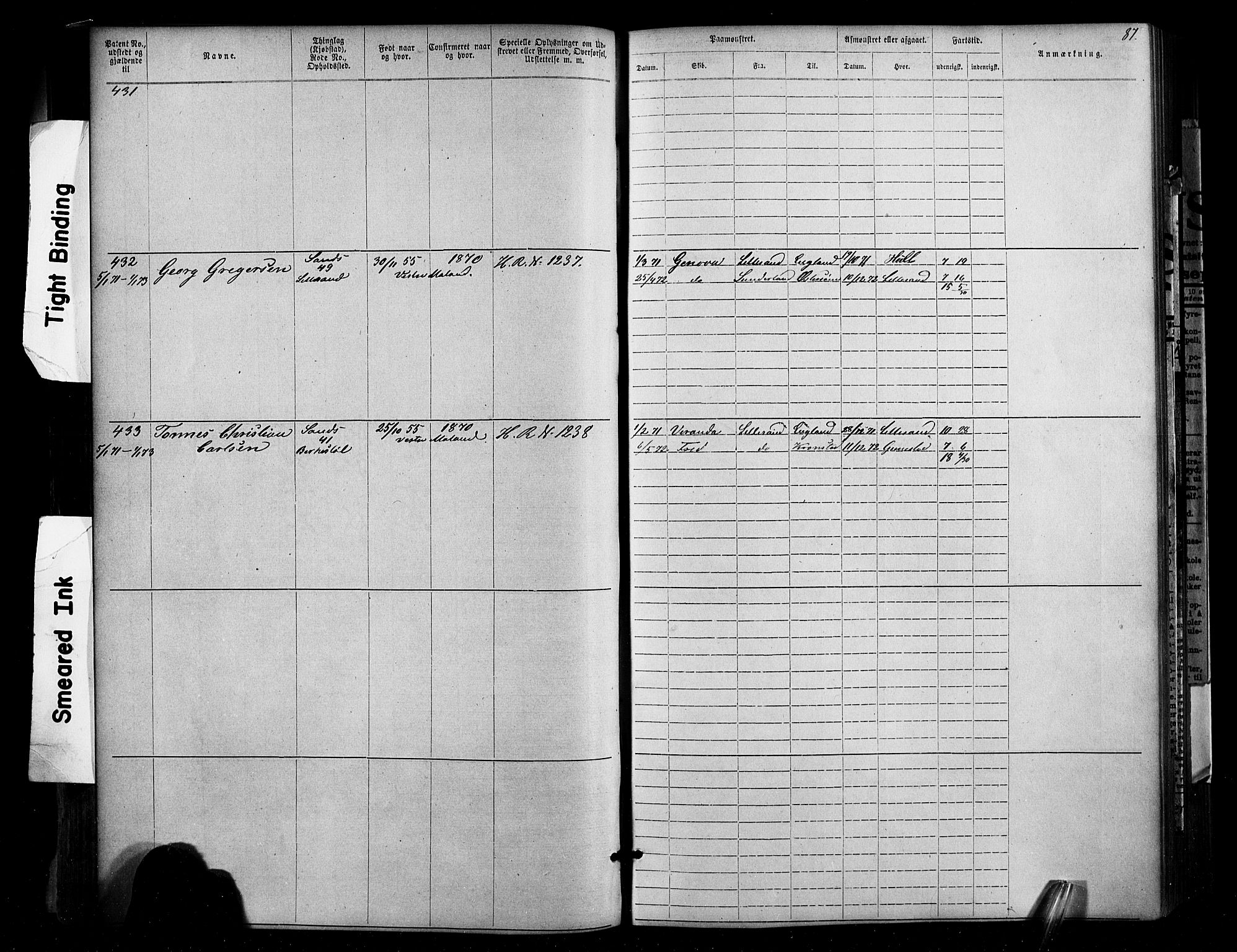 Lillesand mønstringskrets, SAK/2031-0014/F/Fa/L0002: Annotasjonsrulle nr 1-1910 med register, W-8, 1868-1891, p. 90