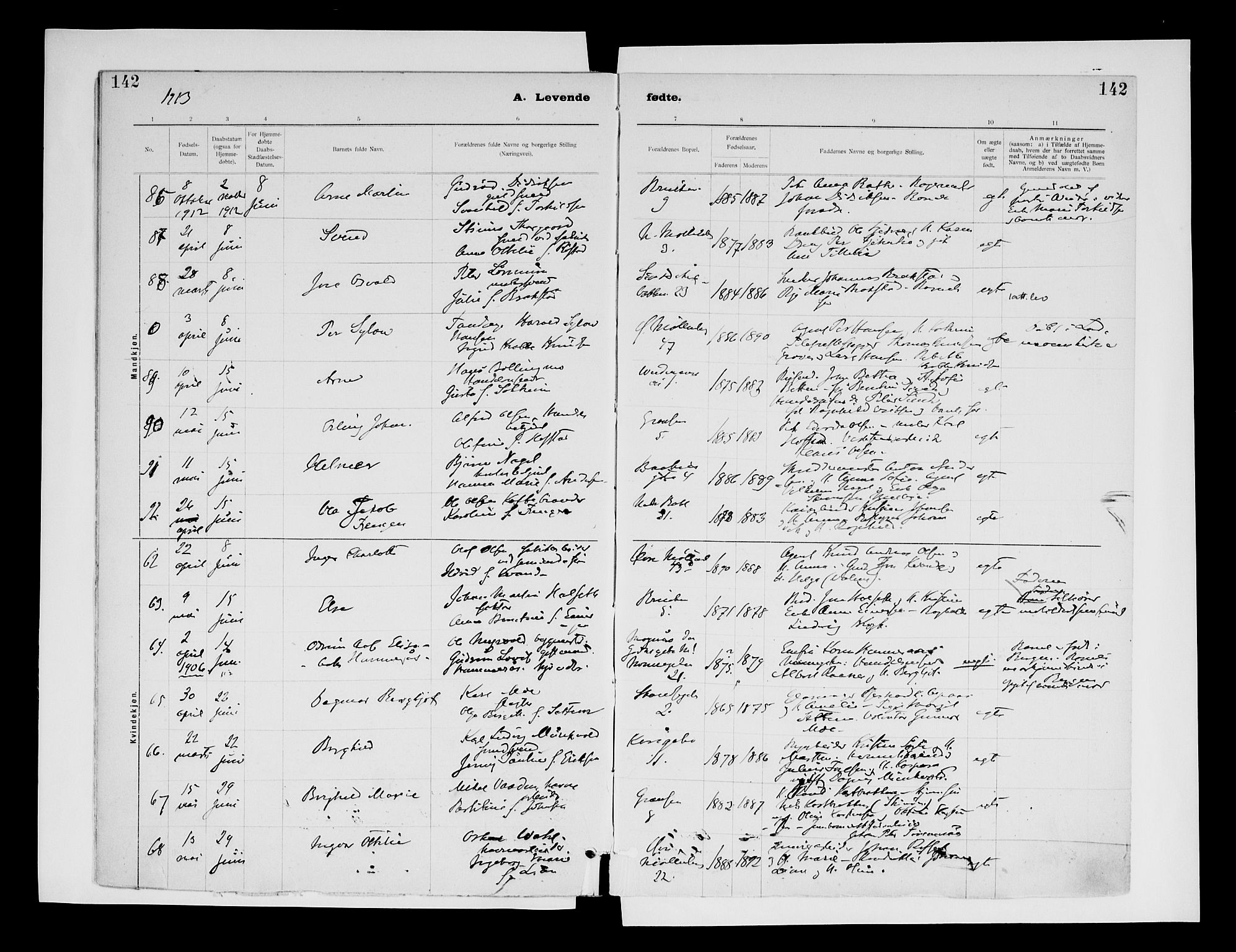 Ministerialprotokoller, klokkerbøker og fødselsregistre - Sør-Trøndelag, SAT/A-1456/604/L0203: Parish register (official) no. 604A23, 1908-1916, p. 142